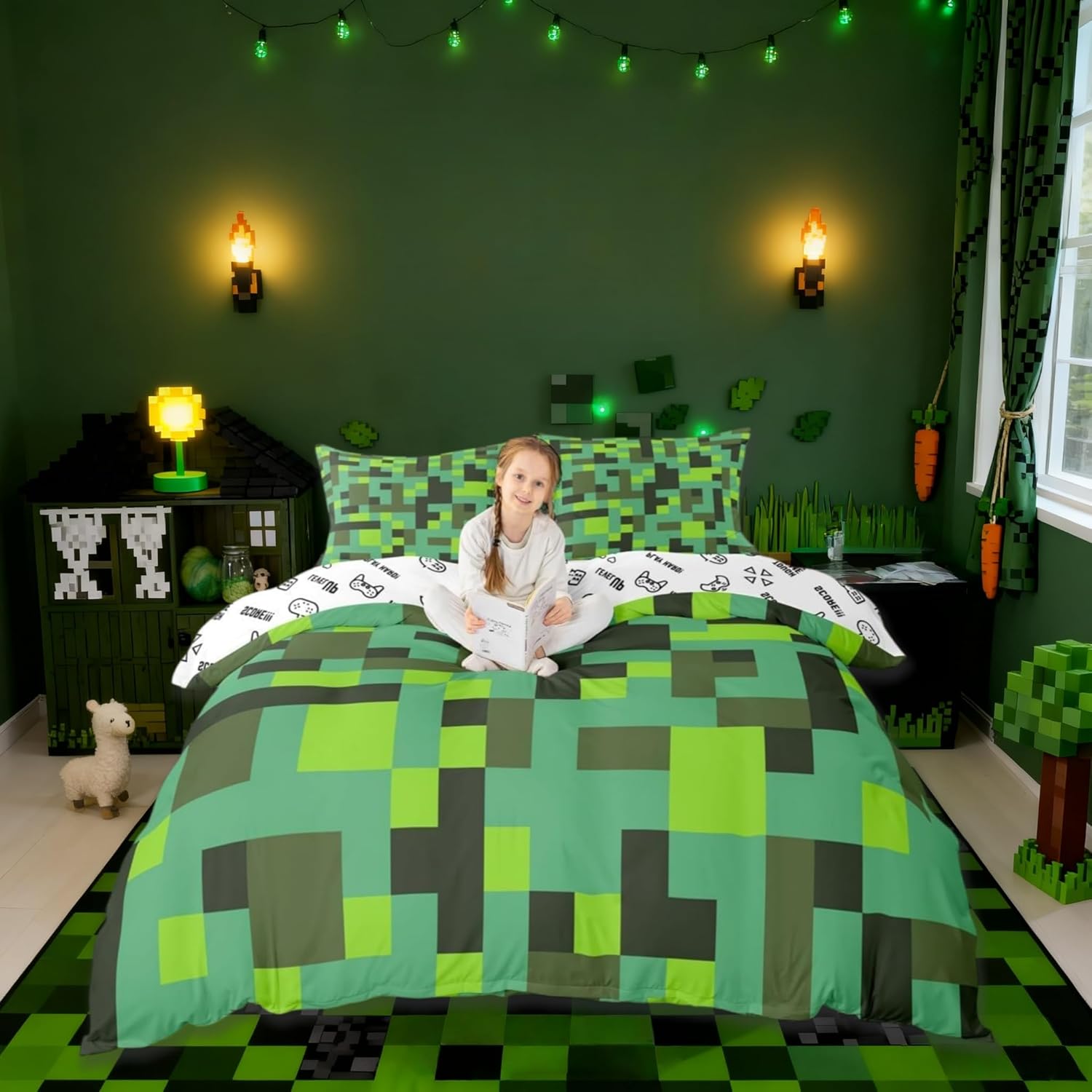 Manfei Pixel Grid Miners Duvet Cover Set Full Size,Geometric Grid Patchwork Pixelated Kids Bedding Set,Cartoon Gamepad Video Games Room Decor,Cyan Green Quilt Cover,2 Pillowcases(No Comforter)