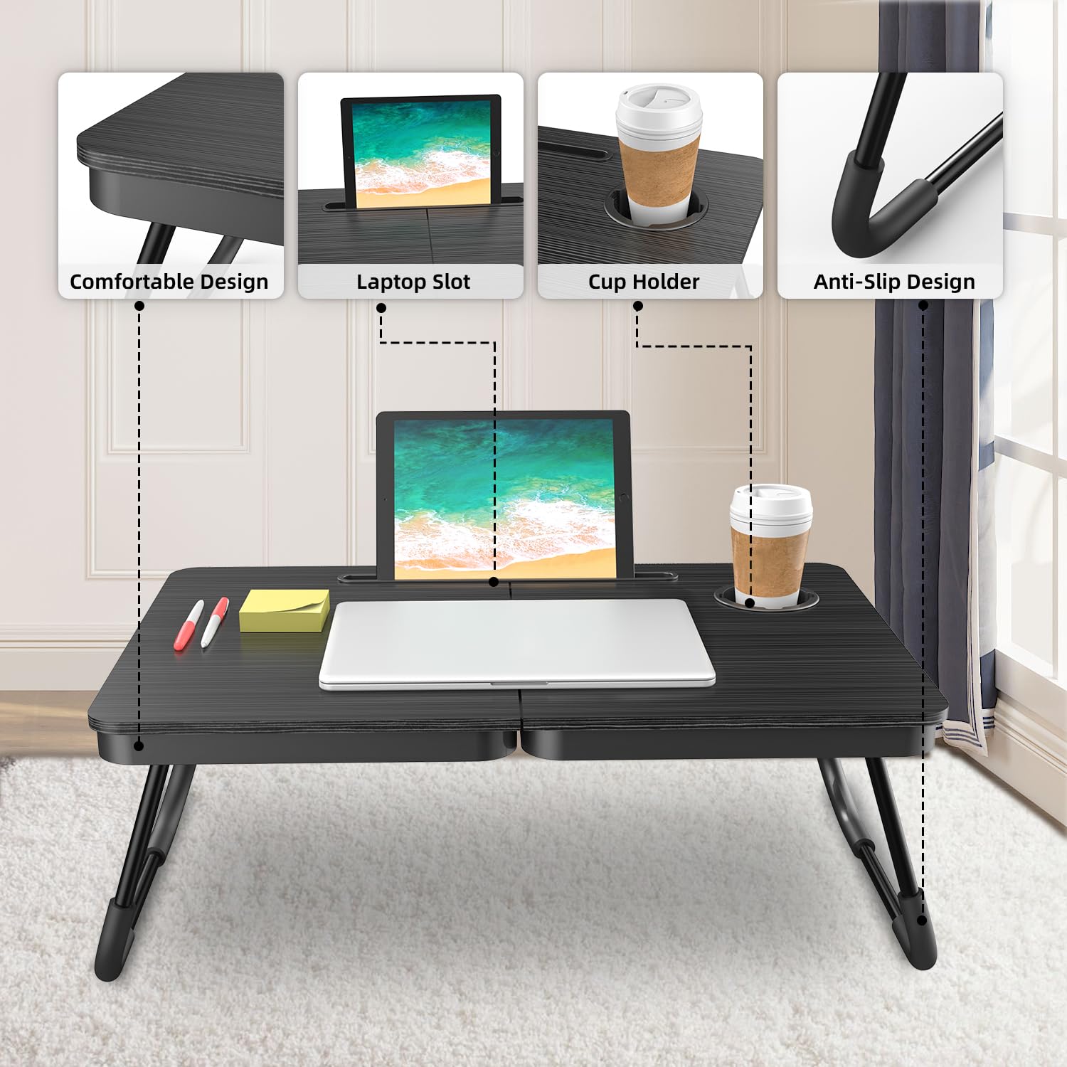 BUYIFY Portable Foldable Laptop Desk for Bed and Couch Adjustable Lap Desk with Cup Holder and Phone Holder — view 3