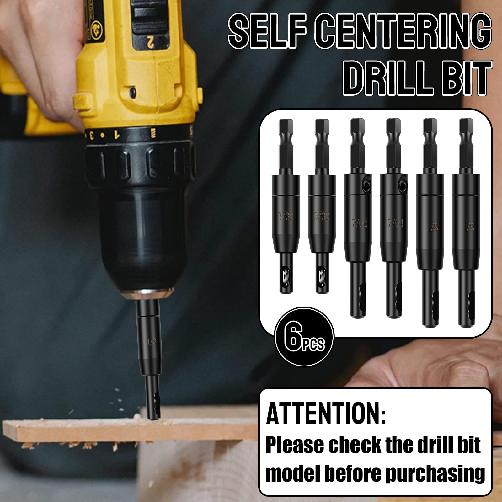6-teiliges selbstzentrierendes Bohrer-Set, 3/32 Zoll, 7/64 Zoll, 1/8 Zoll – Zentrierbohrer-Set VIX Bit für 1/4-Zoll-Sechskantschaftbohrer, Mehrzweck-Scharnierbohrer-Set für Holzbearbeitung, Fenster