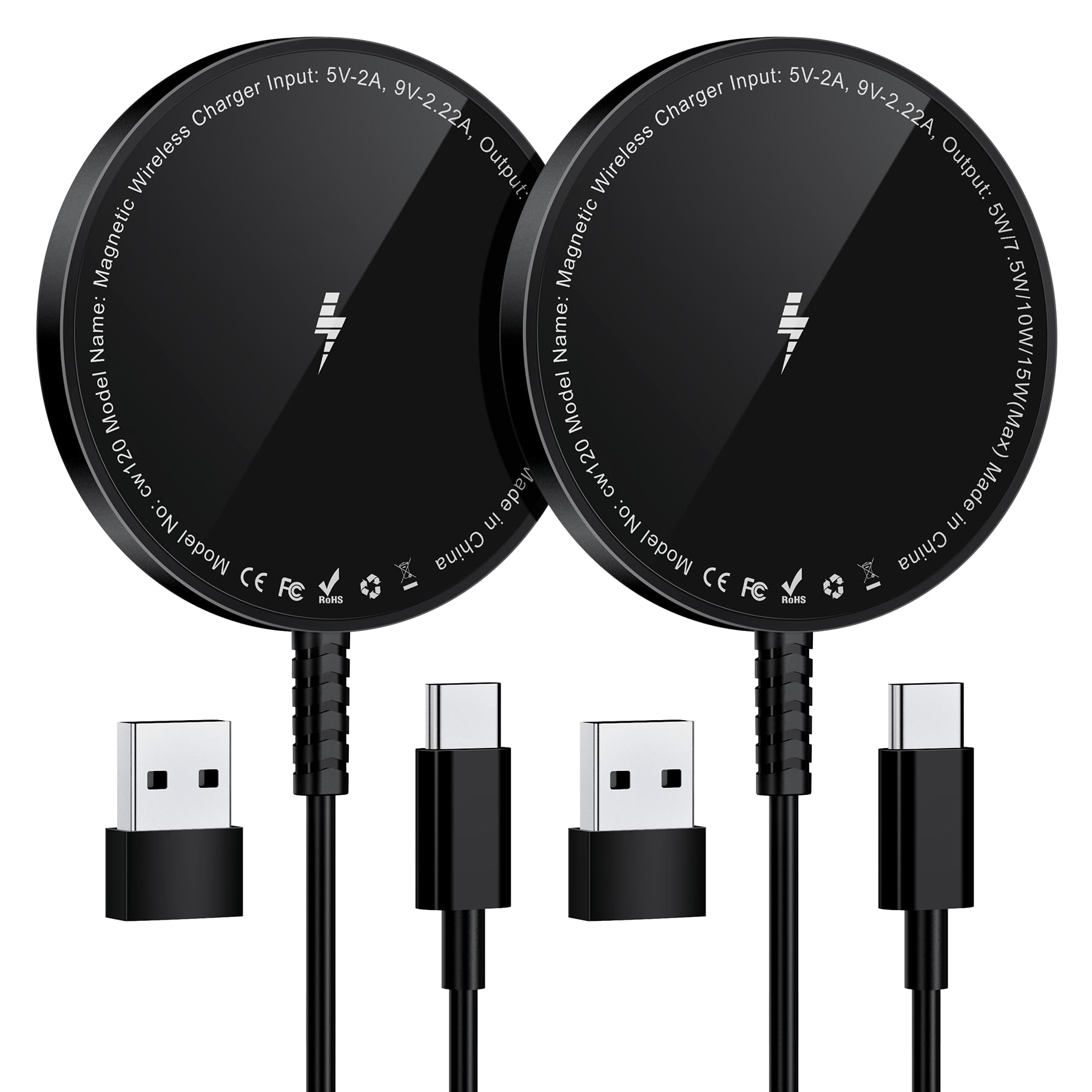 Mag-Safe Ladegerät für iPhone Ladestation: 2 Stück Magnet Wireless Charger | für iPhone 17-12, für AirPods, Alugehäuse gegen Überhitzung, induktives kabelloses Ladepad mit USB-C auf A Adapter, Schwarz