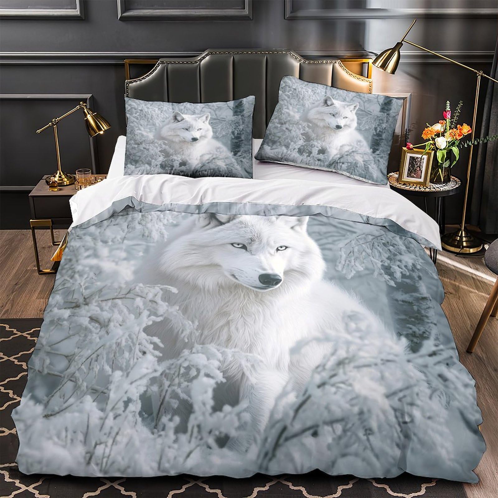 Parure de lit hypoallergénique loup des neiges anti-acariens lit simple