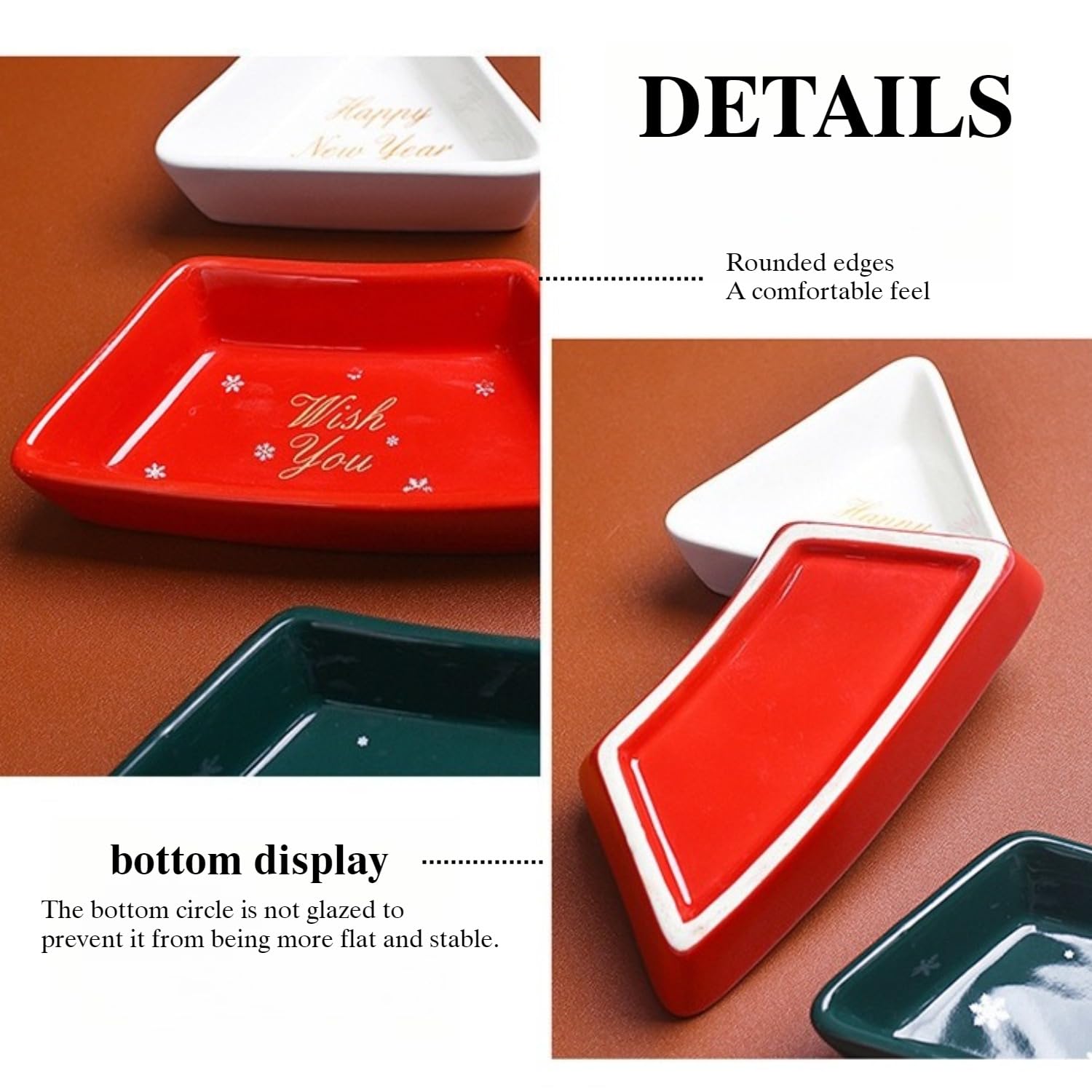 Nordic - Juego de bandejas de cerámica con forma de árbol de Navidad, plato de aperitivos de 3 compartimentos con base de bambú, verde, rojo y blanco, decoración festiva para el hogar
