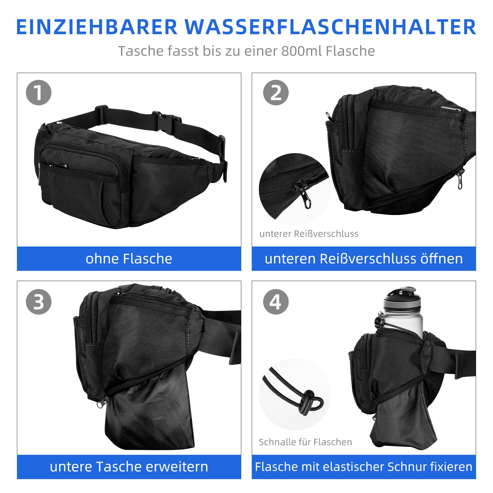 Bauchtasche für Herren und Damen, Gürteltasche mit Flaschenhalter Gurt Verstellt Hüfttasche mit 6 Reißverschlusstaschen für Wandern Hundespaziergänge Joggen Radfahren Reisen Laufen, Schwarz