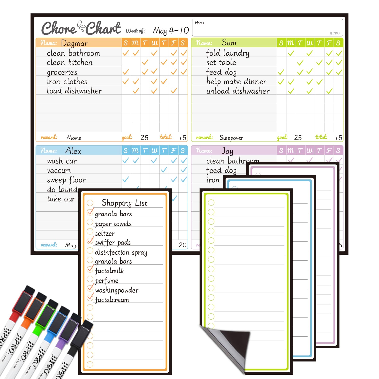 JJPRO Magnetic Dry Erase Chore Chart for Fridge-14.5"x11" Chore Chart for Multiple Kids & Adults, 4 to Do Lists for Refrigerator -Dry Erase Chore