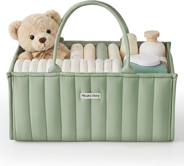 Blissful Diary Couche bébé Caddy Organisateur, Panier de rangement élégant pour les essentiels nouveau-nés et station de couches, Cadeau pour la douche bébé et l'enregistrement must-have, Sage Green