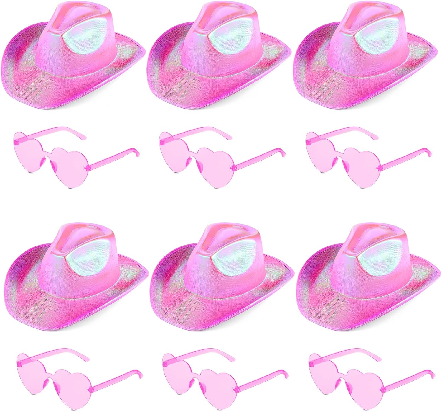 Haysandy 12 Pcs Holographic Space Hat with Rimless Sunglasses Neon Sparkly Hat and Heart Sunglasses for Women