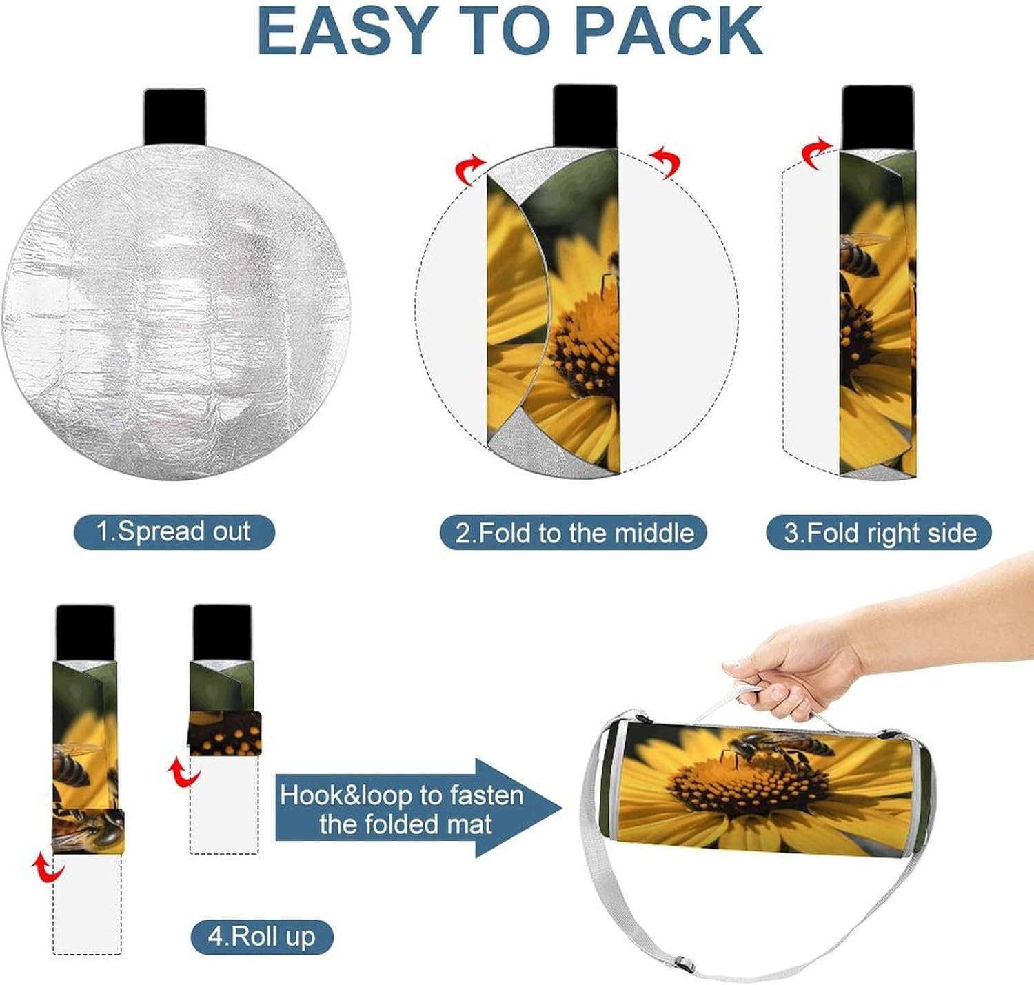 Yellow Flower with Black Bee Picnic Mat Lightweight Waterproof Picnic Blankets Extra Large Picnic Outdoor Blankets Foldable Sandproof Beach Blanket for Park Beach Camping Courtyard 58.3''x58.3''