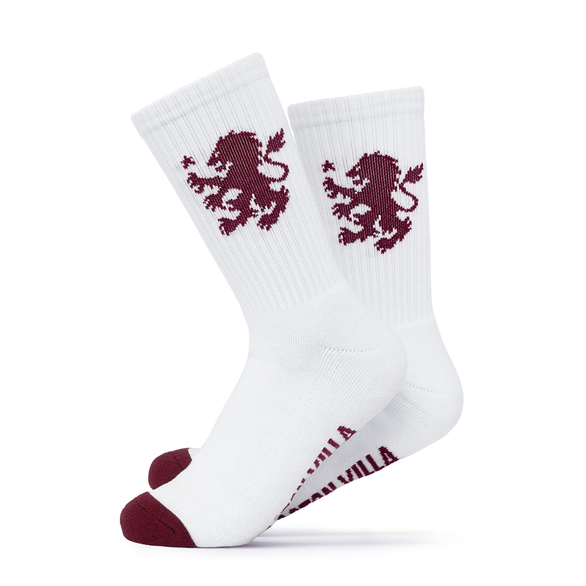 The Gift Scholars Aston Villa FC Official Mens Crew Socks - White with Claret Lion Crest & Contrast Toe 7-11