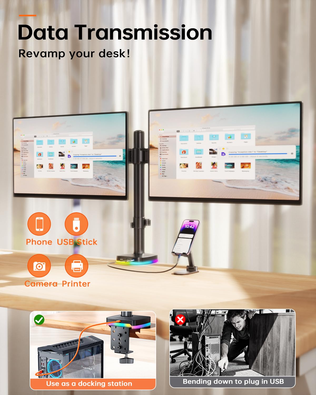 Afaloona Soporte de escritorio RGB para monitor doble, soporte para monitor con 3 puertos USB, función de carga y transferencia de datos USB, brazos ajustables para monitores de 13 a 27 pulgadas de