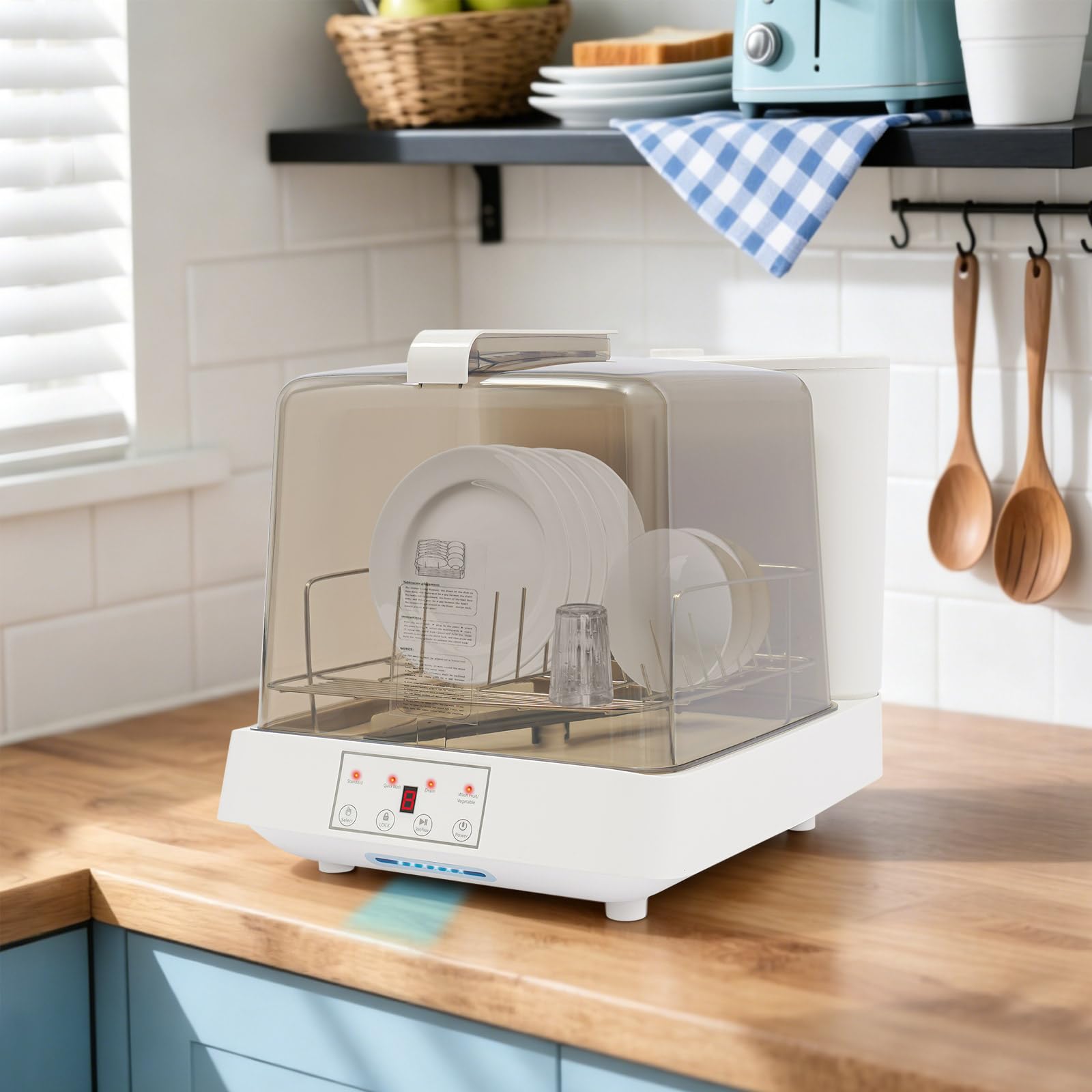 Lavastoviglie da tavolo Mini serbatoio d'acqua da 8 l, 3 programmi di pulizia, pulizia a 360°, sicurezza bambini, controllo touch, lavastoviglie compatta portatile per casa, campeggio, roulotte