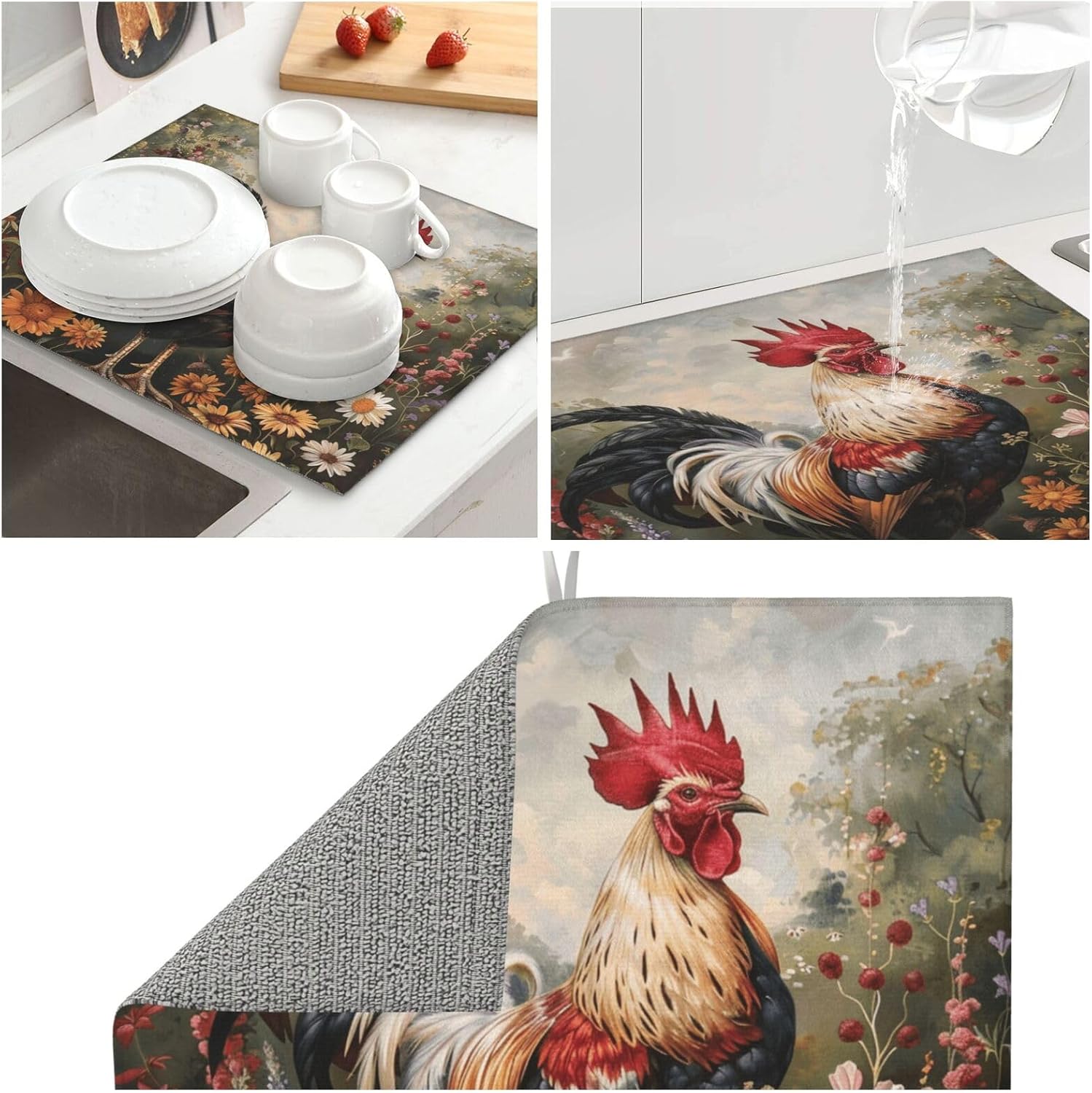 Oil Painting Rooster Flowers Dish Drying Mat For Kitchen Counter Dry Mats Microfiber Dish Drainer Mat Protector Pad Absorbent Fast Drying Kitchen Must-Have 16x18 Inch