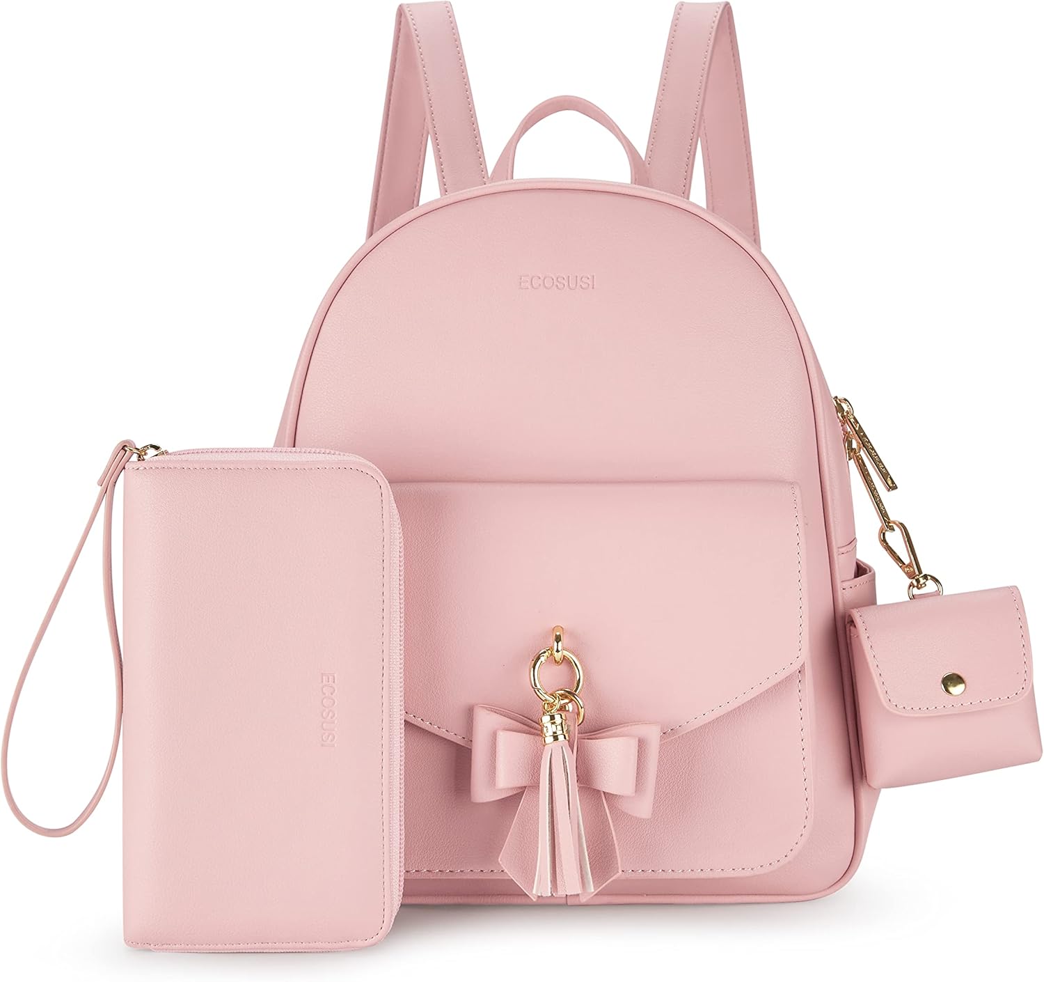 ECOSUSI Women Backpack Purse Water Resistant PU Leather Backpack Fashion Rucksack Ladies College Daypack with Tassel,2 Pcs