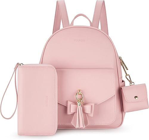 Miniatura 7 de ECOSUSI Mochila para mujer mochila de piel sintética resistente al agua mochila de moda para mujer mochila universitaria con borla 3 piezas Mochilas