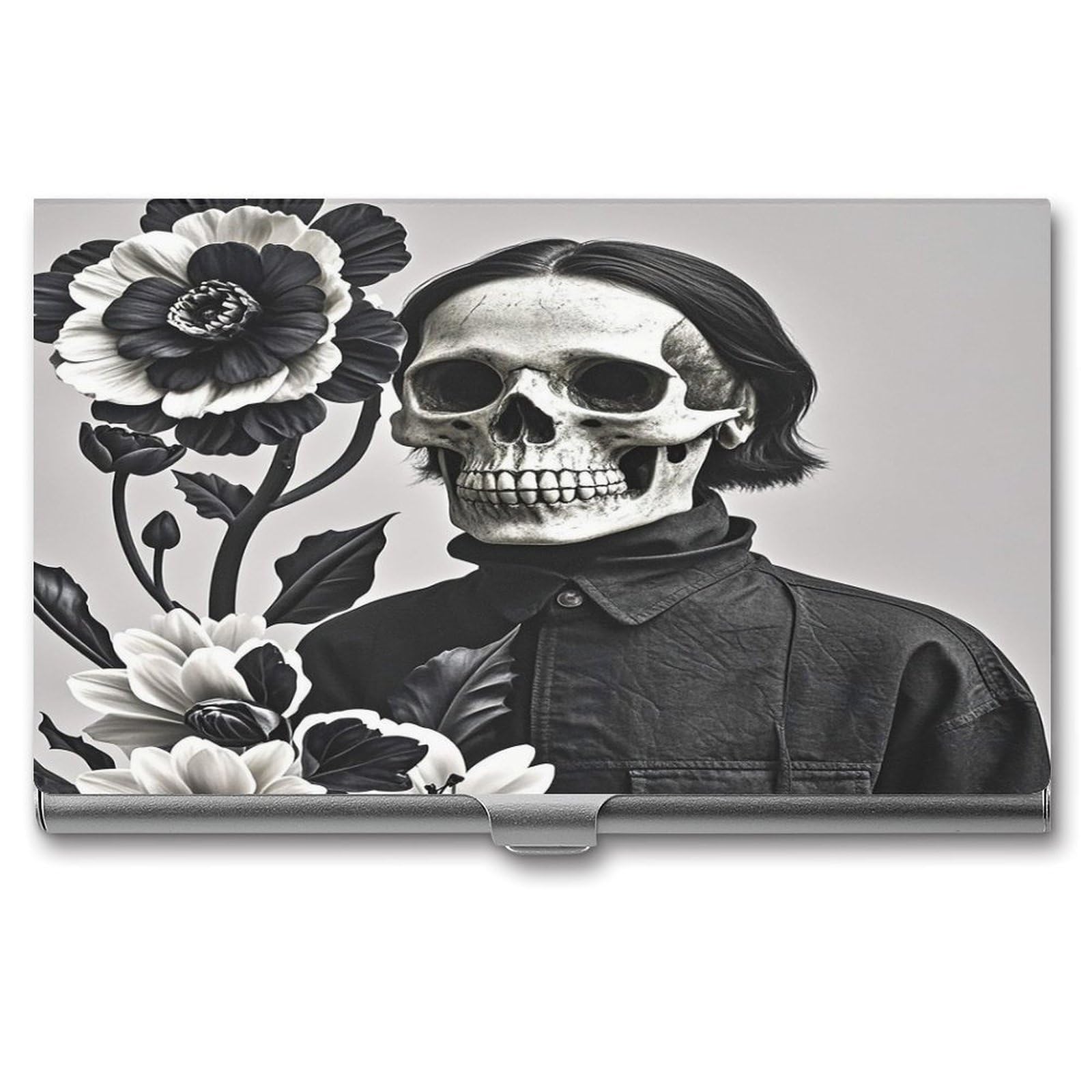 FekiLoot Black And White Flowers And Skull Business Card Holder Aluminum Alloy Business Card Case Convenient to Carry Business Card Dispenser for Men Women