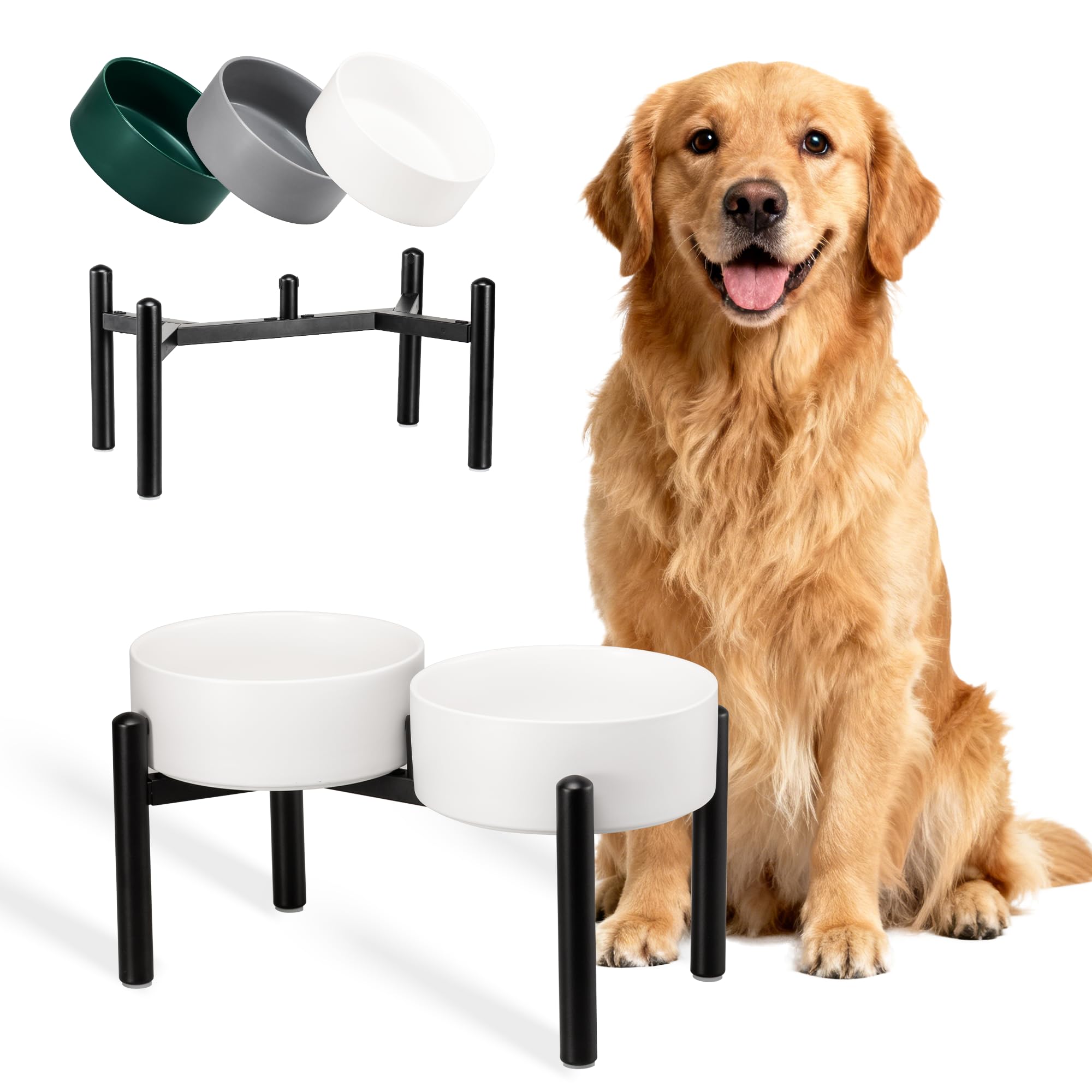 Dog Bowls Elevated - Ceramic Raised Dog Bowl with Non Slip Steel Stainless Stand - No Spill and Heated Feeding Station - Food and Water Dish Set for Medium to Large Pet - Each Holds 7.5 Cups – White