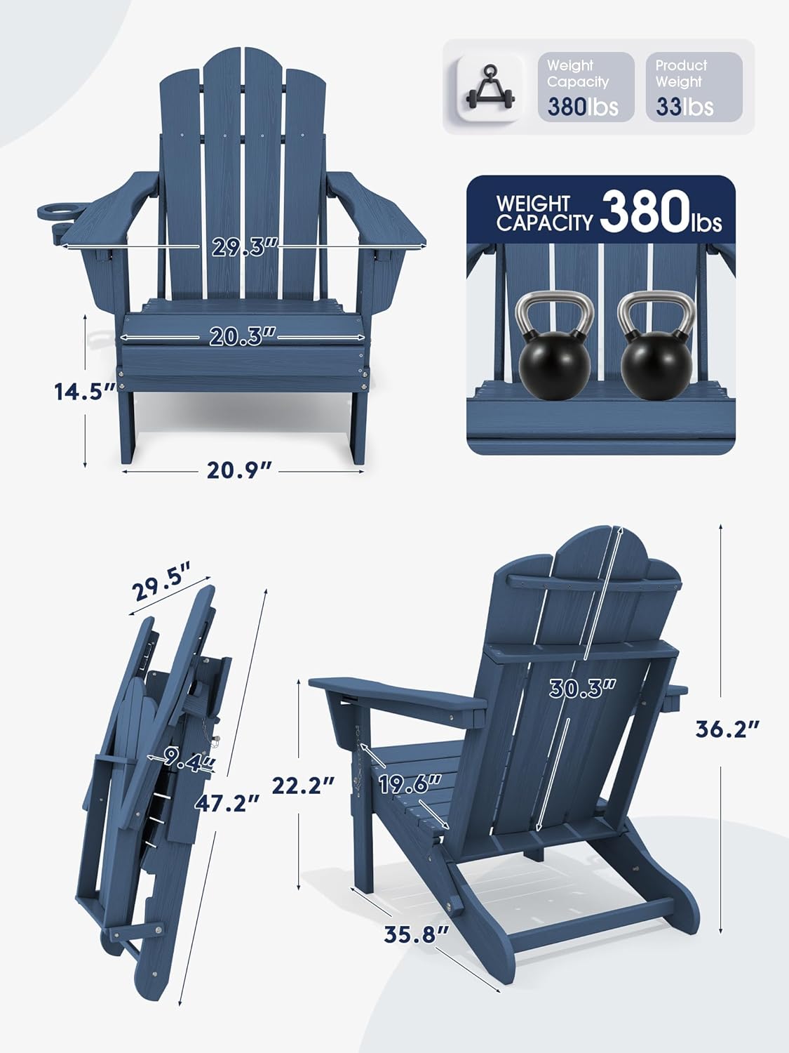 KINGYES Adjustable Folding Adirondack Chair, 3-Position Reclining Adirondack Chairs with Cup Holder, HDPE All-Weather Oversized Adirondack for Outdoor, Patio, Backyard Deck, Fire Pit, Blue - Image 3