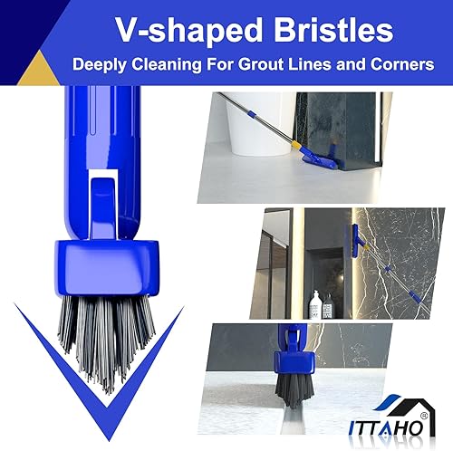Miniatura 2 de ITTAHO Juego de cepillos para fregar y lechada de piso de 12 pulgadas de ancho con mango largo extensible, limpiador de cerdas rígidas resistente