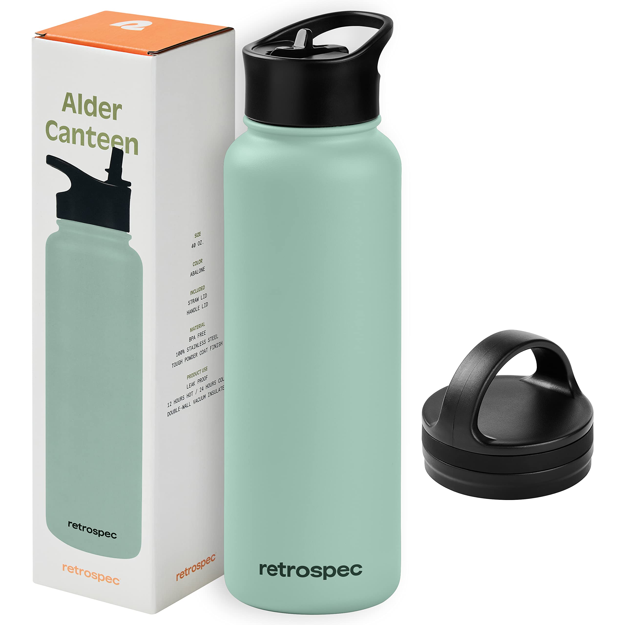 Retrospec Alder Insulated Water Bottle with Straw Lid & Handle Cap - Stainless Steel Wide Mouth Double-Wall Vacuum Insulated Thermos - BPA Free