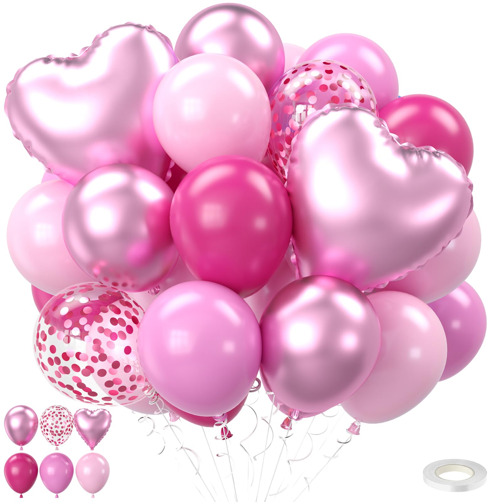 Pink Balloons,12 Inch 50Pcs Hot-Pink Pastel Balloon, Pink Heart Foil Ballons Confetti Balloon for Birthday Party Valentine's Day, Girls' Birthday Decorations Princess