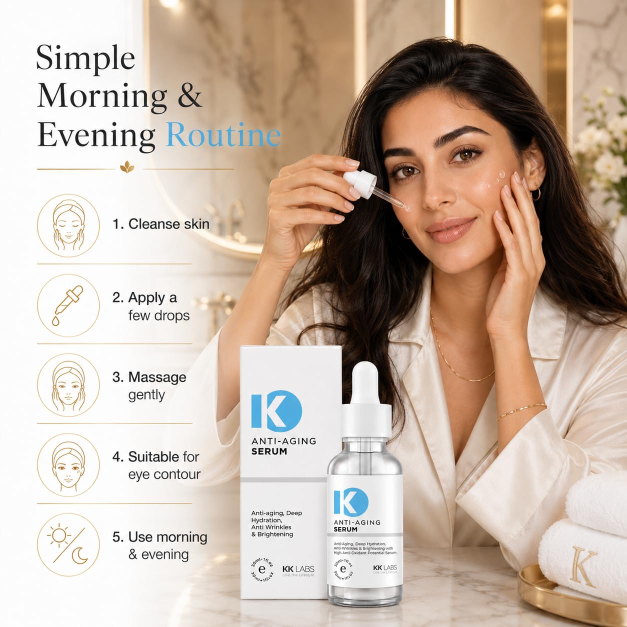 KK Labs Anti-Aging Face Serum 30ml - Lightweight Daily Serum to Target the Look of Fine Lines and Dullness for Smoother, Firmer-Looking, More Radiant Skin, Layers Under Moisturiser