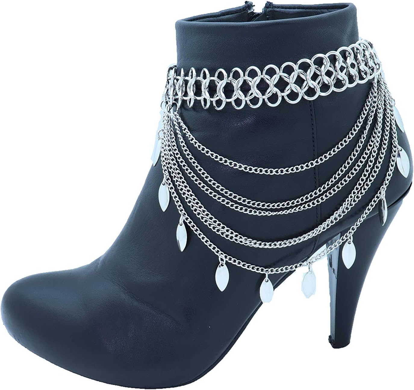 TrendyFashionJewelry Women’s Layered Silver Boot Chain Anklet Set – Fashion Multi Strand Leaf Charm Boot Bracelets, Adjustable 11–15 In, Pair Of Shoe Chains For Ankle Boots And Heels – BC82