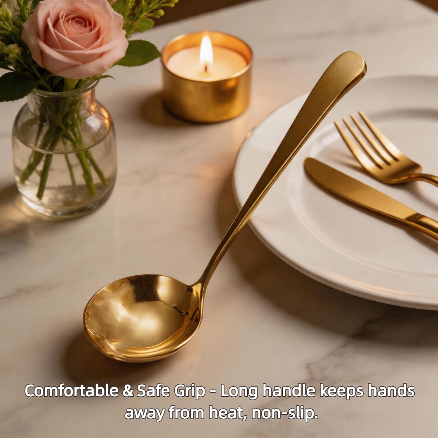 7.6'' Small Gravy Soup Ladle, Sauce Soup Spoon, Heavy Duty 18/10 Stainless Steel Round Ladles for Sauces, Gravy, Salads, Soups, Desserts 2 Pcs - Gold