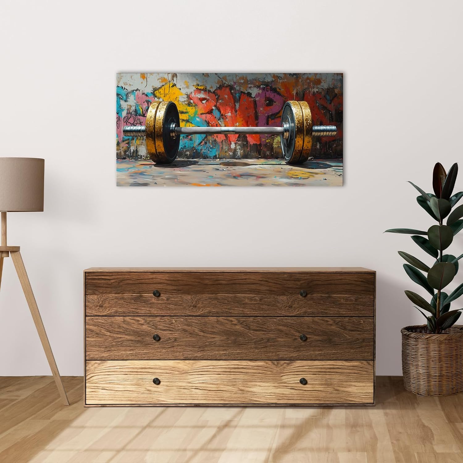 VANSEEING Graffiti Gym Wall Art Canvas Prints Barbell Weightlifting Fitness Picture Sport Motivational Artwork Oil Painting Wall decor for Workout Bedroom Fitness Boys Room 40x20 inch - Image 4