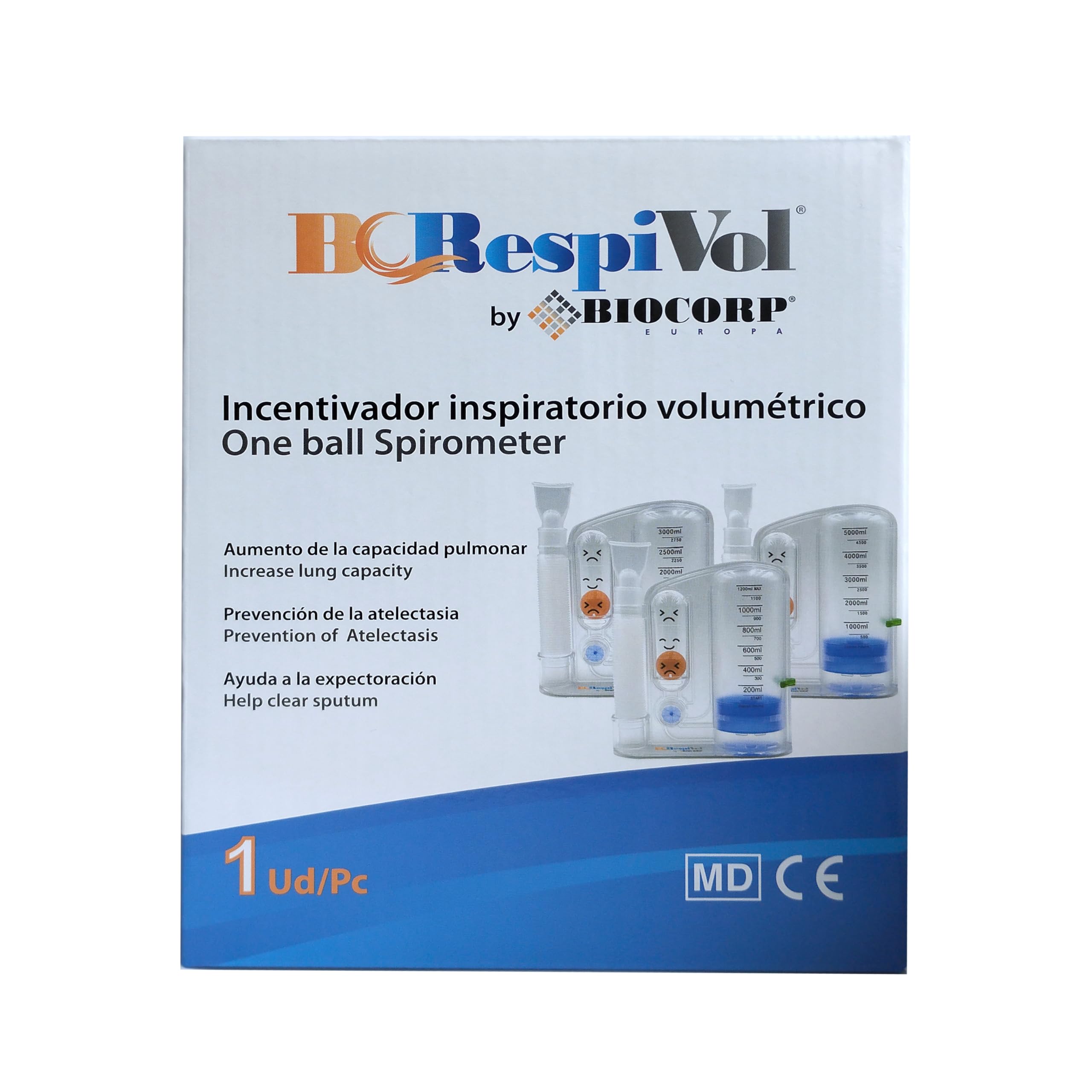 BCRespivol wolumetryczny przyrząd do ćwiczeń wdechowych, jednokulowy spirometr, spirometr, 1200 ml