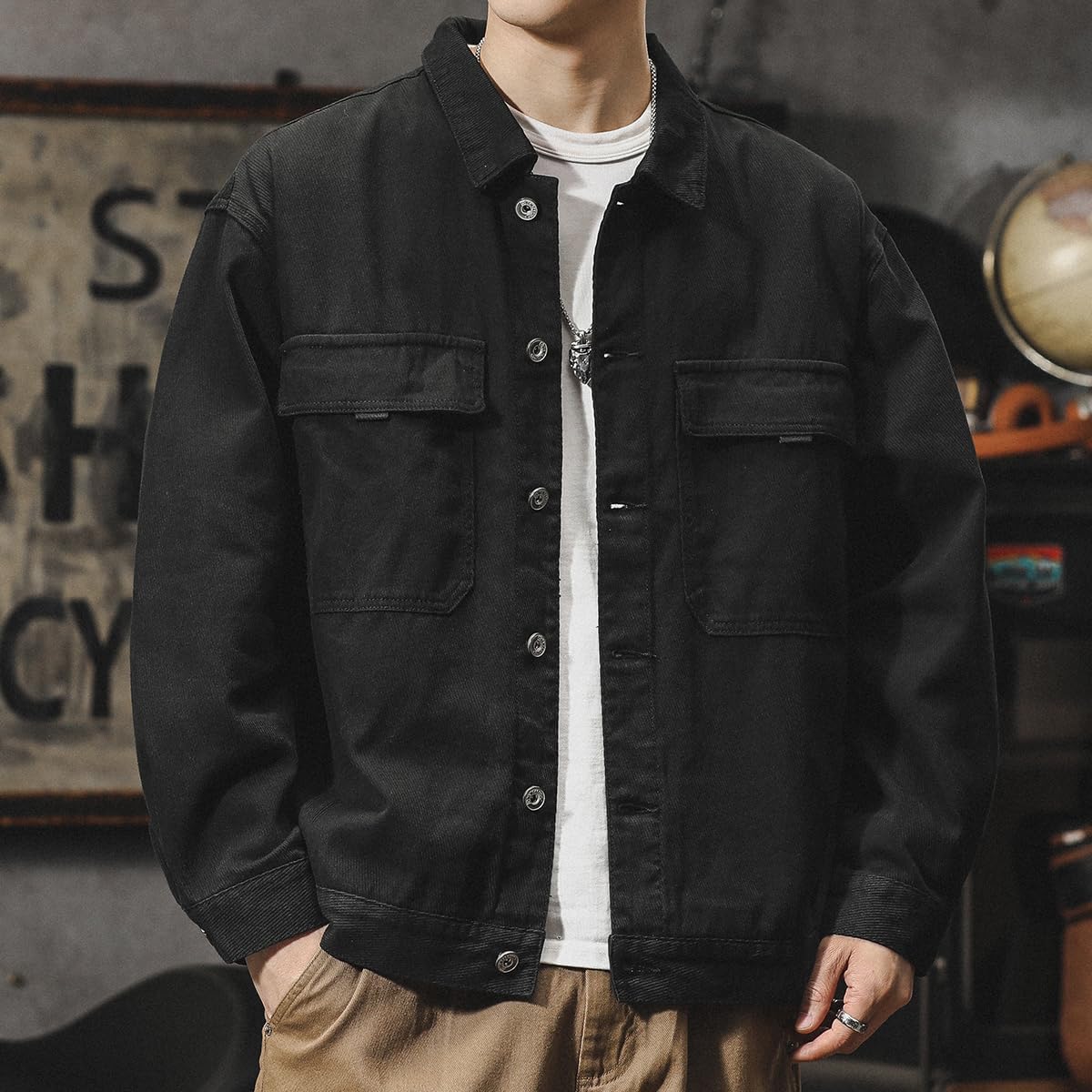 American Retro Cowboy Jacket, Men's Spring and Autumn Loose Large Size Workwear Casual Top