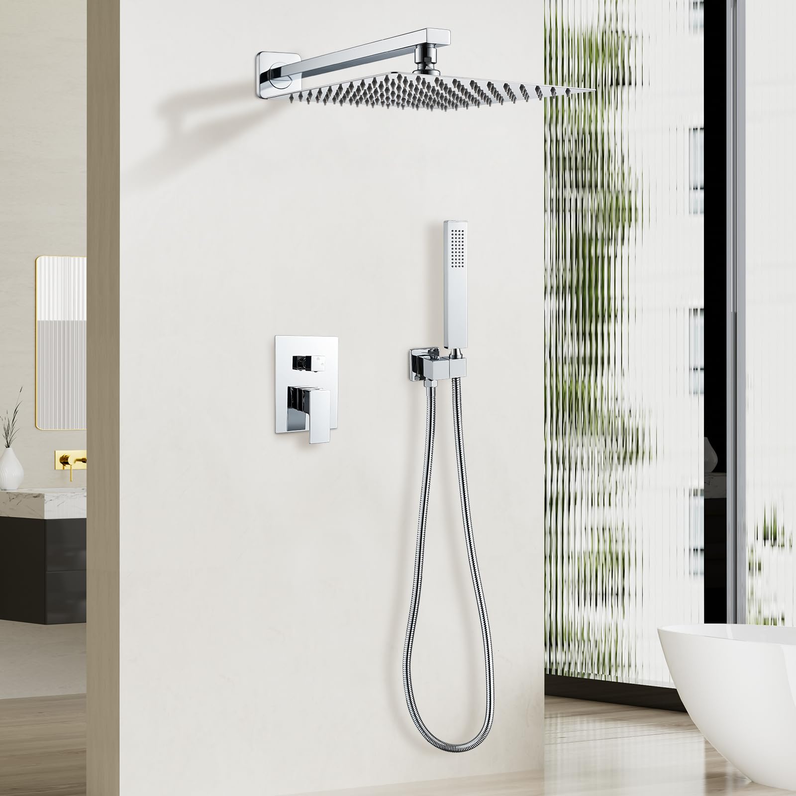 Namuoto Système de Douche Encastré, Colonne de Douche avec Mitigeur Encastrable, Ensemble de Douche avec Carrée Douche de Tête, Douchette, Corps en Laiton, Chromé