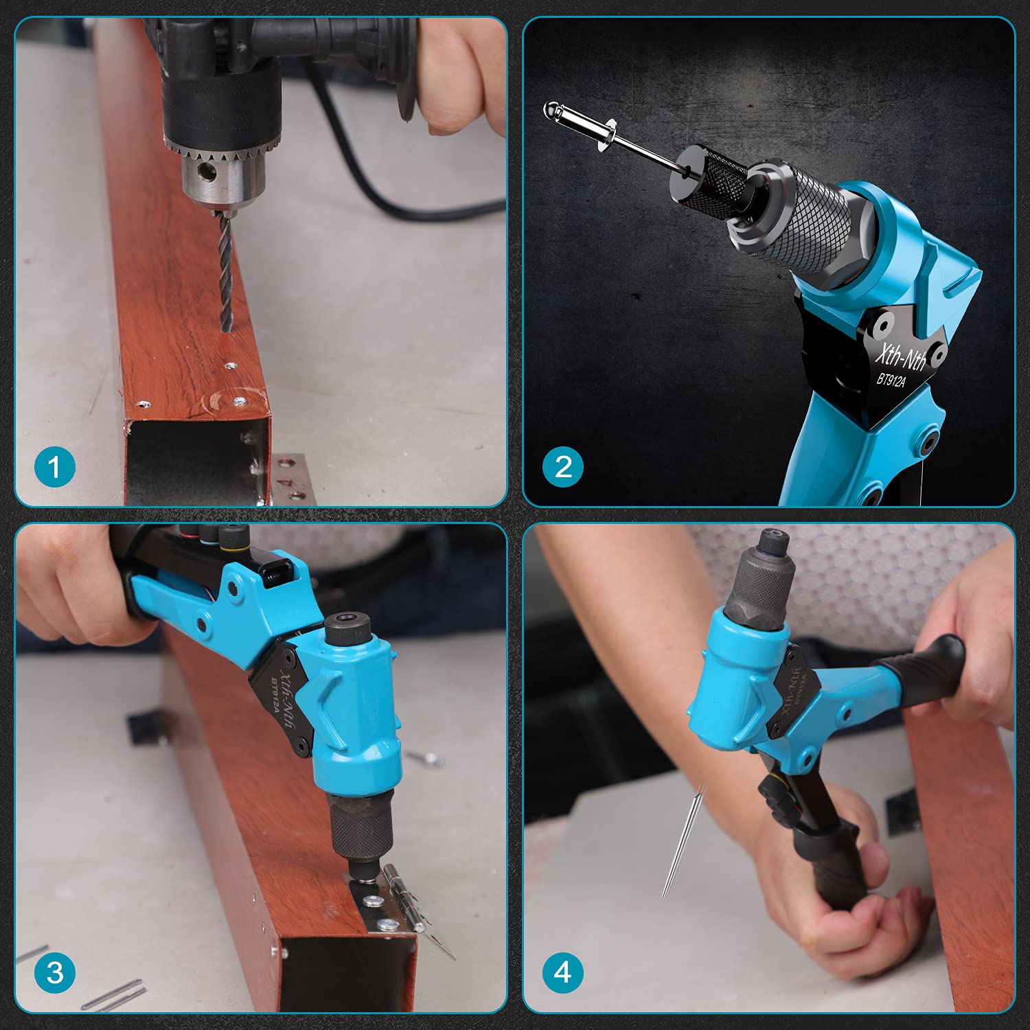 XthNth 11" Rivet Gun with 200Pcs Rivets, Pop Rivet Tool Kit with 360