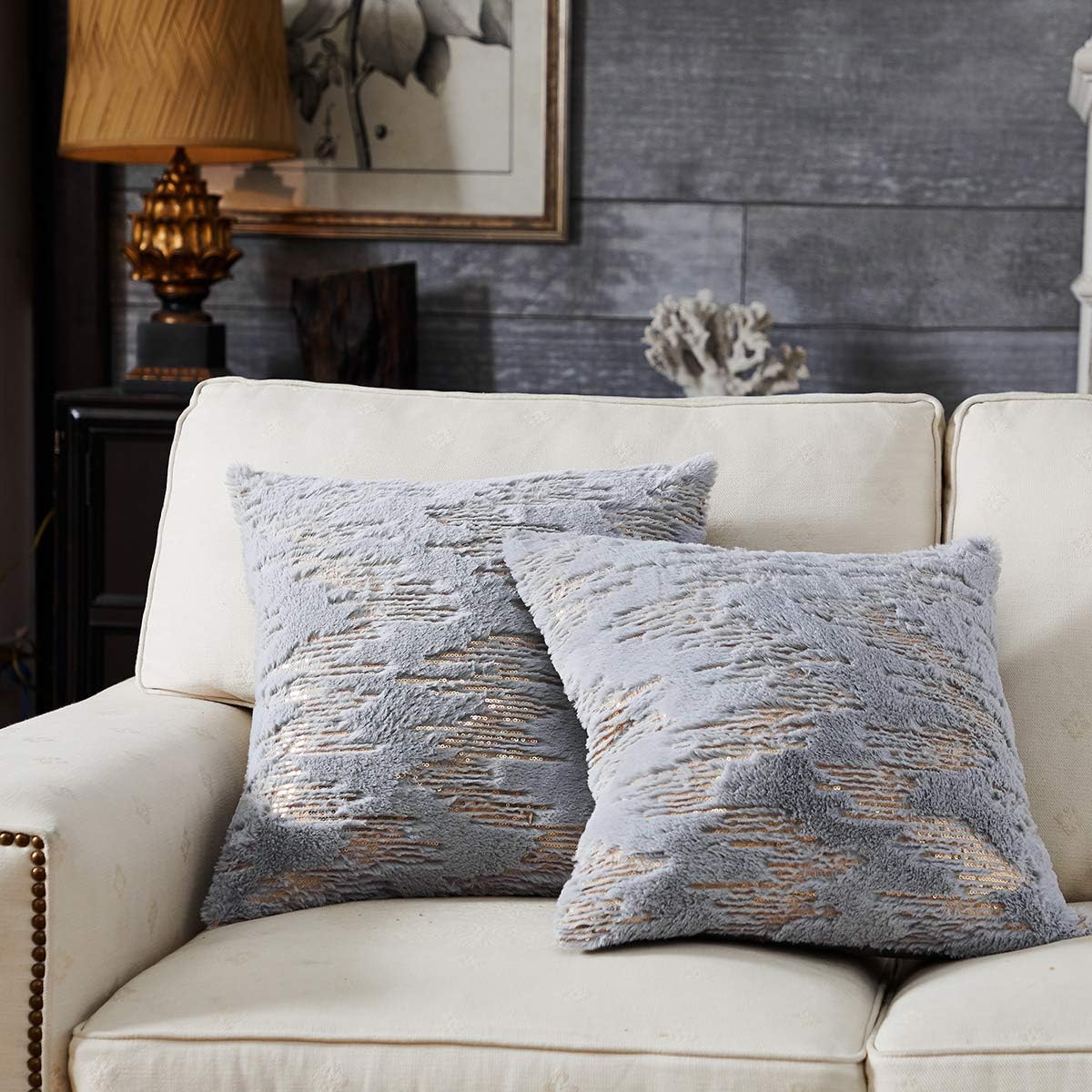 OMMATO Throw Pillows Covers 18 x 18,Set of 2 Grey Fur with Gold Embroider Sequins Soft Throw Pillows for Couch Bed,Accent Home Decorative Square Cushions Cases Shams Pillowcases Farmhouse,45 x 45 CM