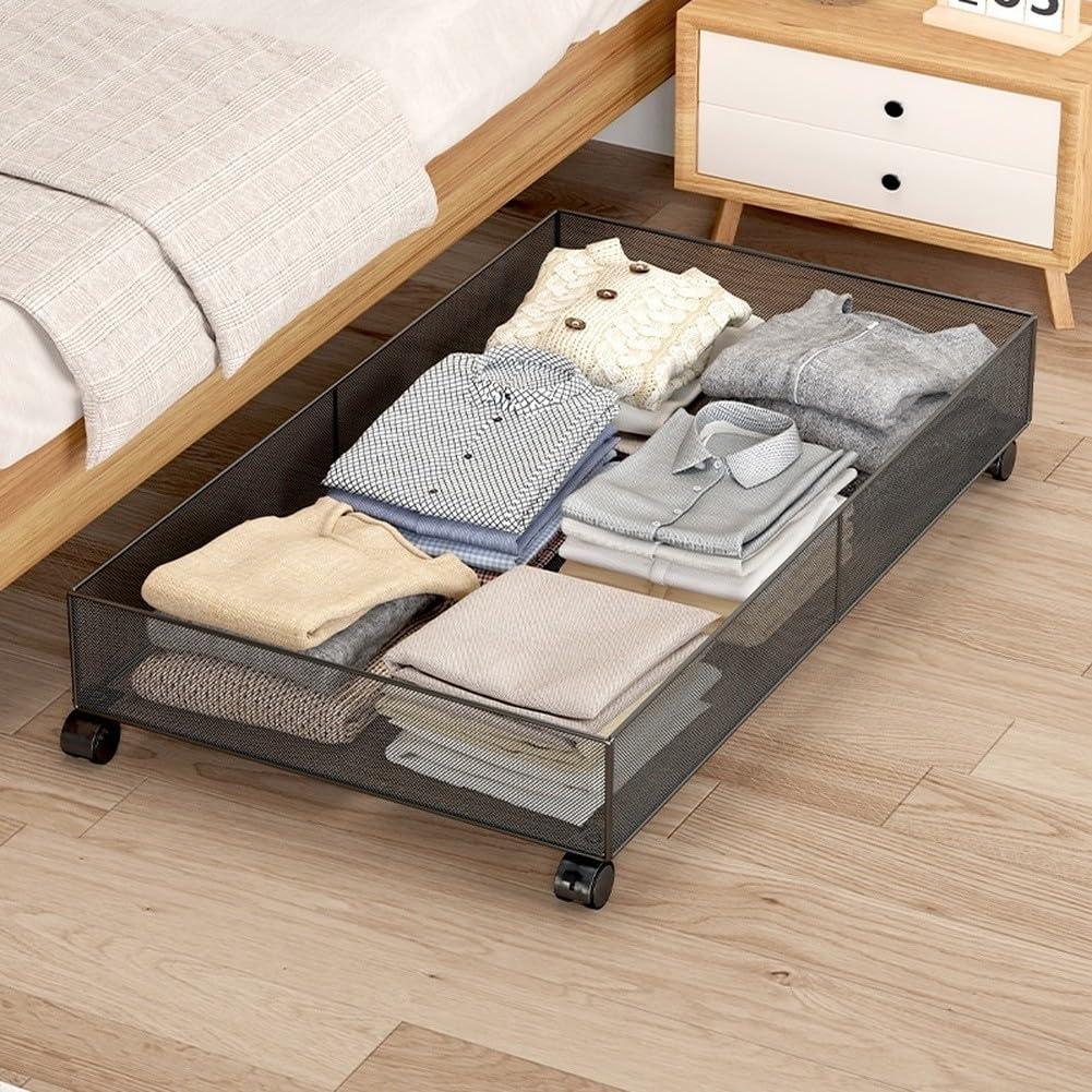 Scatola portaoggetti in metallo sotto il letto con ruote, organizer di grande capacità per vestiti e scarpe, contenitore in ferro resistente con rotelle (nero)