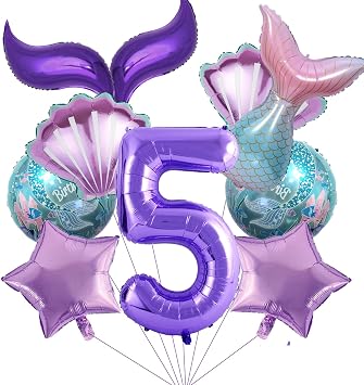10Pcs Mermaid 5th Birthday Decorations Mylar Balloon for Mermaid Birthday Ocean Party Decorations Supplies for Baby Shower