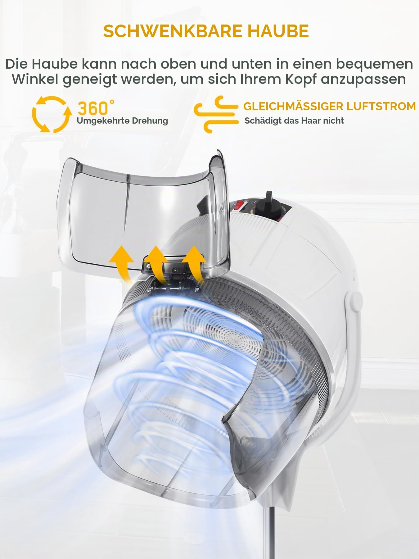 Haartrockner mit Stativ, Profi 1050W Friseur Haartrockenhaube, Höhenverstellbar 78-128cm, Schaltuhr 0-60 Min, Verstellbar Temperatur 0-75℃, Trockenhaube für Friseursalon, Weiß