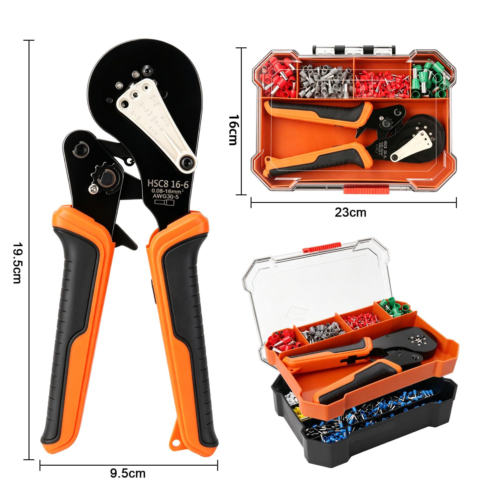 Pinza Crimpatrice con 1500 Puntalini Elettrici 0,08-16mm²/AWG 30-5 | Pinza per Terminali, Crimpatrice Autoregolante, Pinza Crimpatrice Esagonale, Autoregolante a Cricchetto per Cavi Isolati