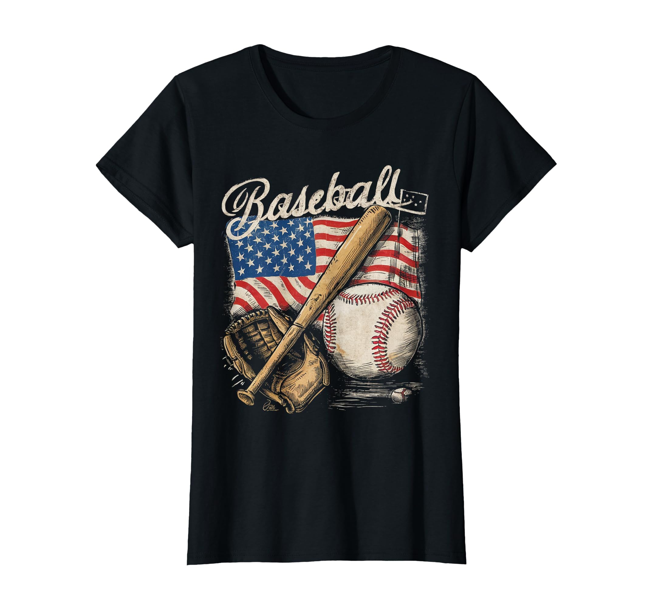 American Flag Baseball Player Bat Fan Catcher Pitcher USA T-Shirt
