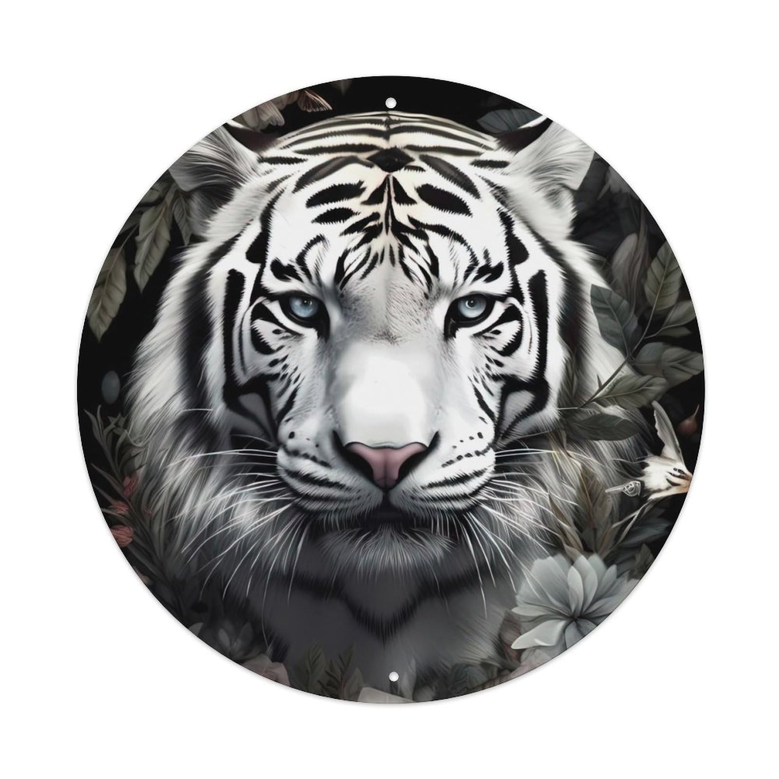 Animal White Tiger And Flower Metal Tin Sign