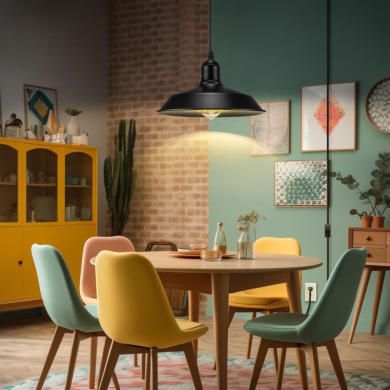 Uxtrodecor Plug in Pendant Light, Black Hanging Lights with Plug in Cord, On/Off Switch, Industrial Pendant Light with Plug in Cord, Metal Hanging Lamps for Kitchen, Dining Room