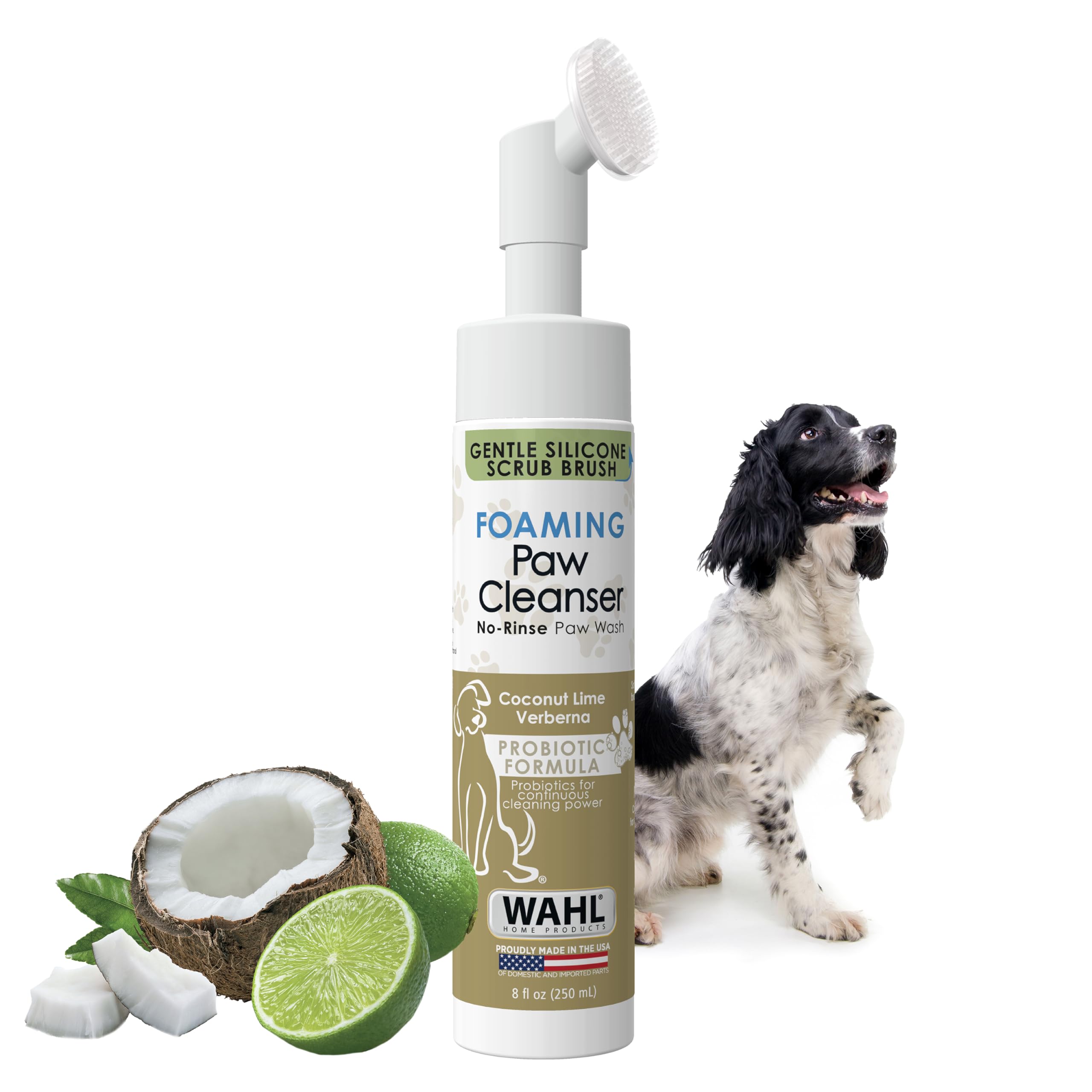 Wahl USA Gentle Foaming Dog Paw Cleaner, No-Rinse Probiotic Formula with Soft Silicone Paw Scrubber Brush, Coconut Lime Verbena Scent, 8 fl oz – Model 3028477