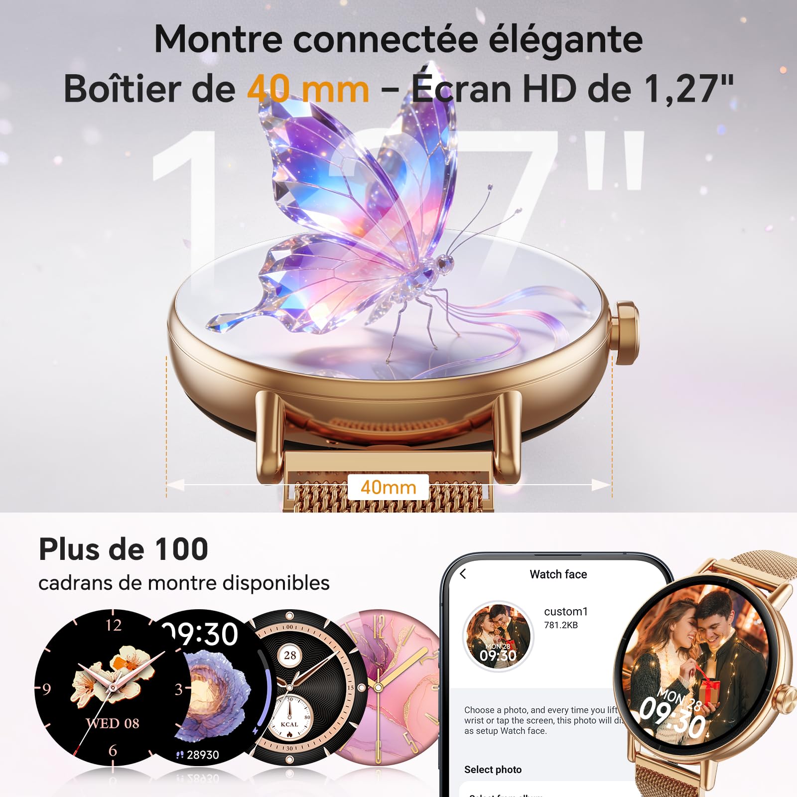 Gydom Montre Connectée Femme Ronde Bracelet Metal Appel Bluetooth, 1.27" Élégante Smartwatch Moniteur de SpO2/Sommeil/Podometre/Calories, IP68 Waterproof, 120+ Sport Modes pour Samsung iPhone Android