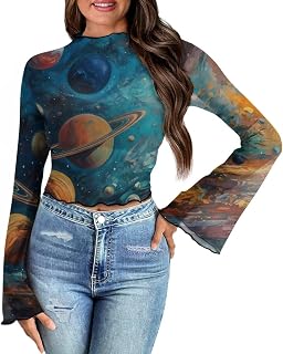 Dolphin Mermaid Womens Bell Sleeve Crop Top See Through Mesh Blouse Shirts Flared Lace Top Shirts Y2k Streetwear