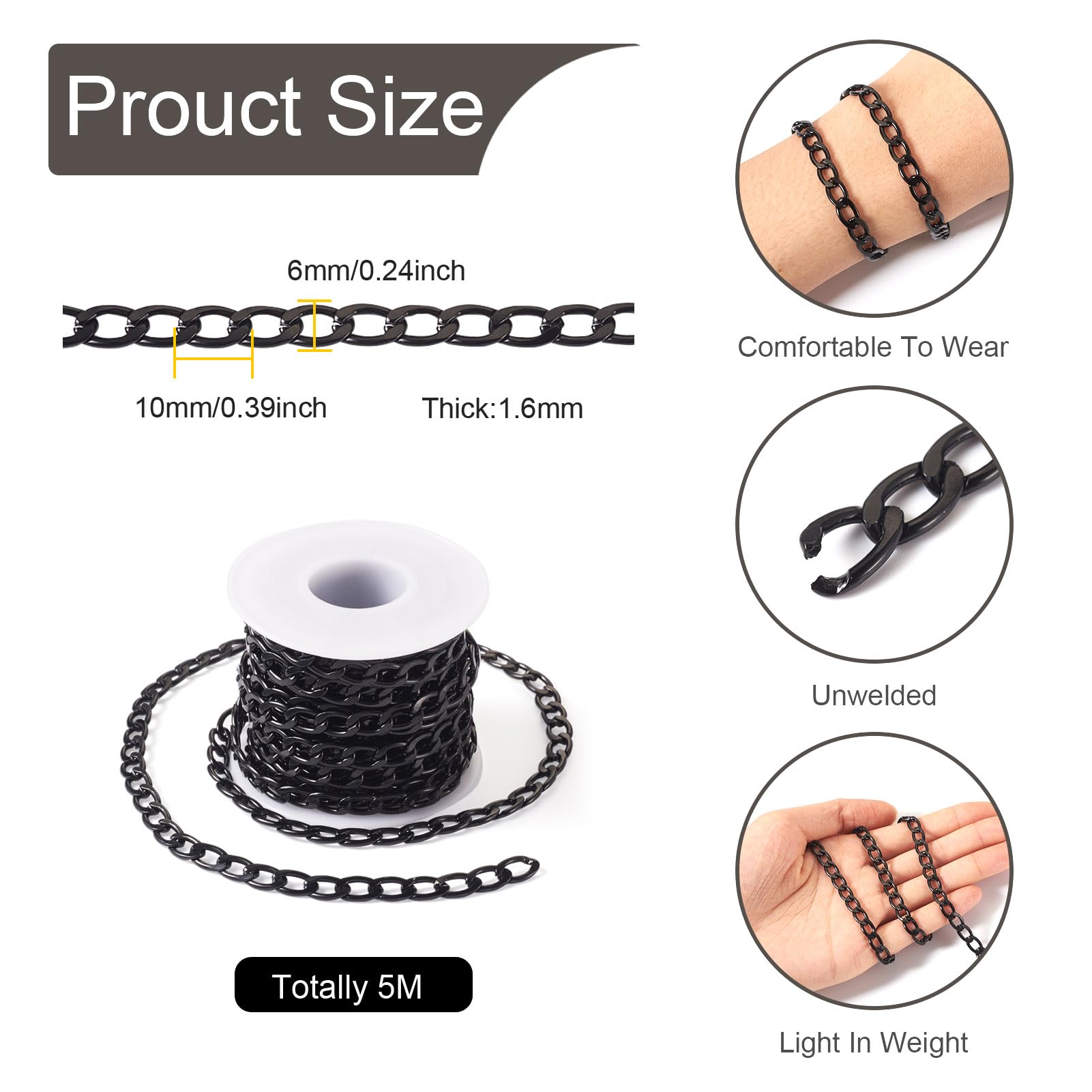 PandaHall - Catena Barbazzale In Alluminio, 10 M, Non Saldata