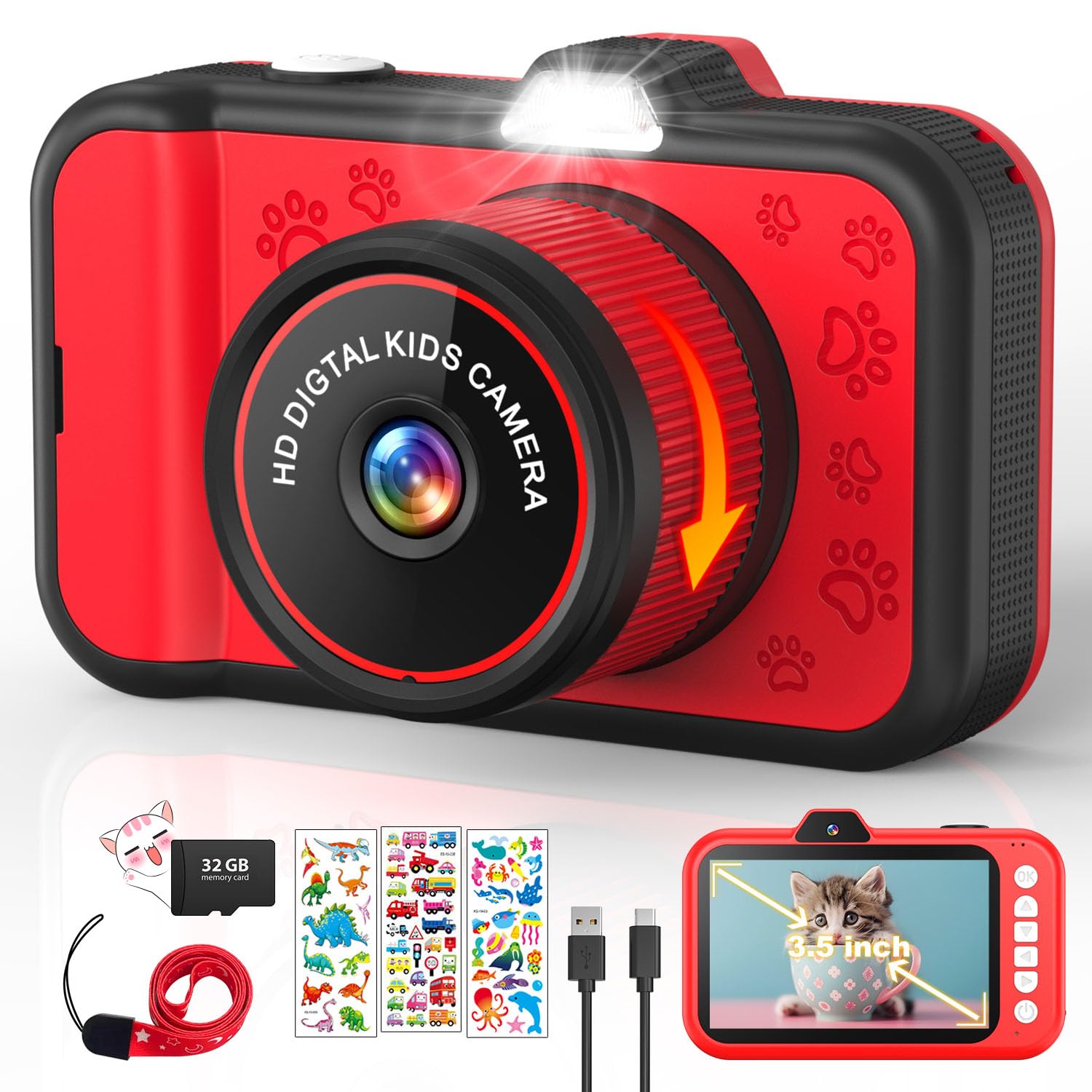 CHAKEYAKE Kids Camera, Toddler Digital Camera with Rotating Zoom Lens, 3.5” Large Screen, 1080P Toy Camera for Kids with Flash, 32GB Card, Birthday