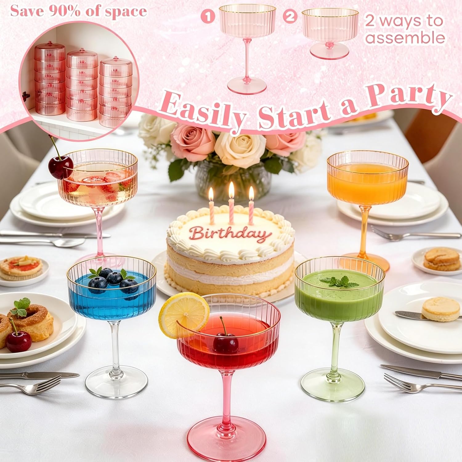 24 Pcs Transparent Martini Glasses 10 Oz Plastic Cocktail Cups, Ribbed Champagne Coupe Cup with Gold Rim Cocktail Glasses Detachable Dessert Cups Glassware Bulk for Wedding Birthday Party
