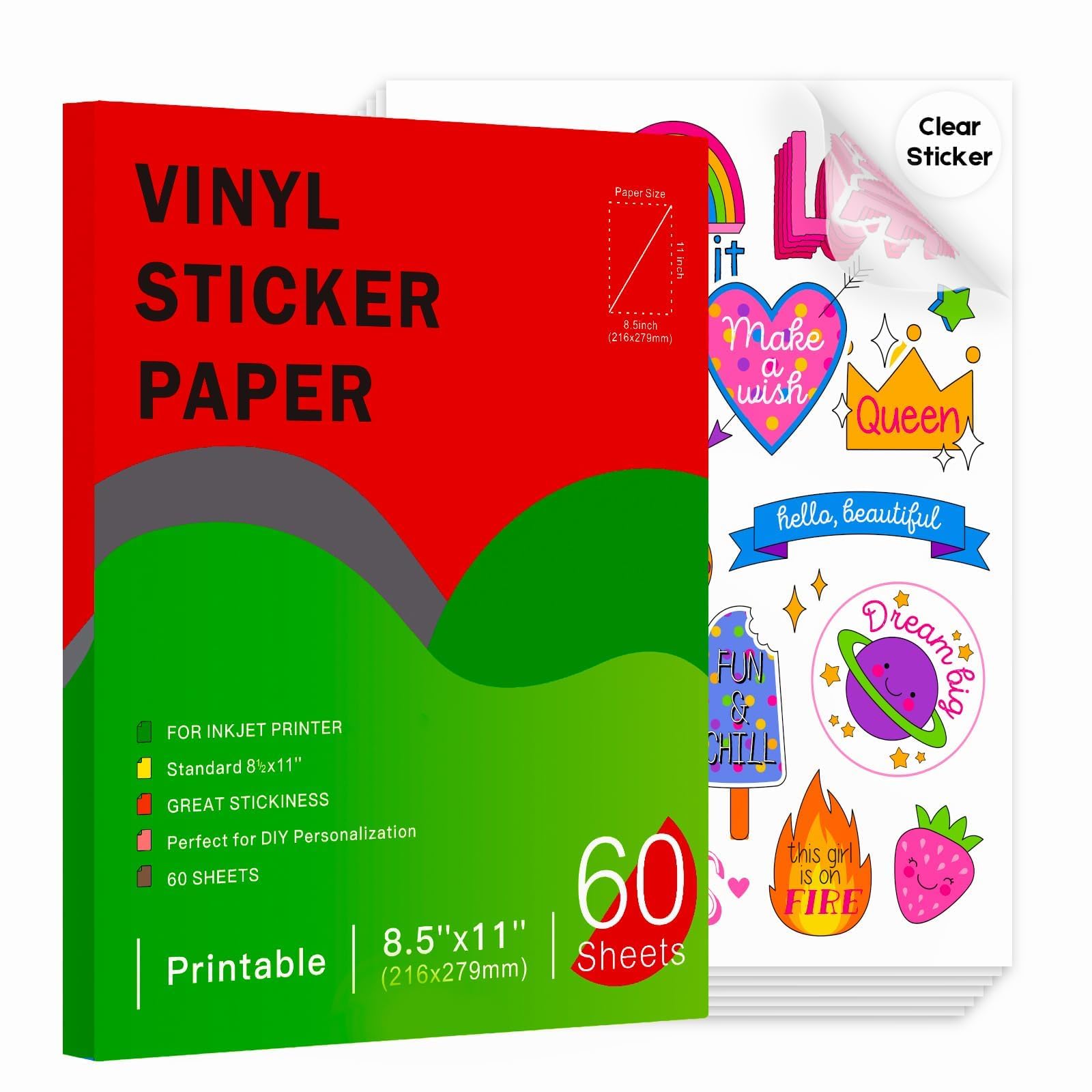 Ruibytree 60 Sheets Printable Clear Vinyl Sticker Paper for Inkjet Printer