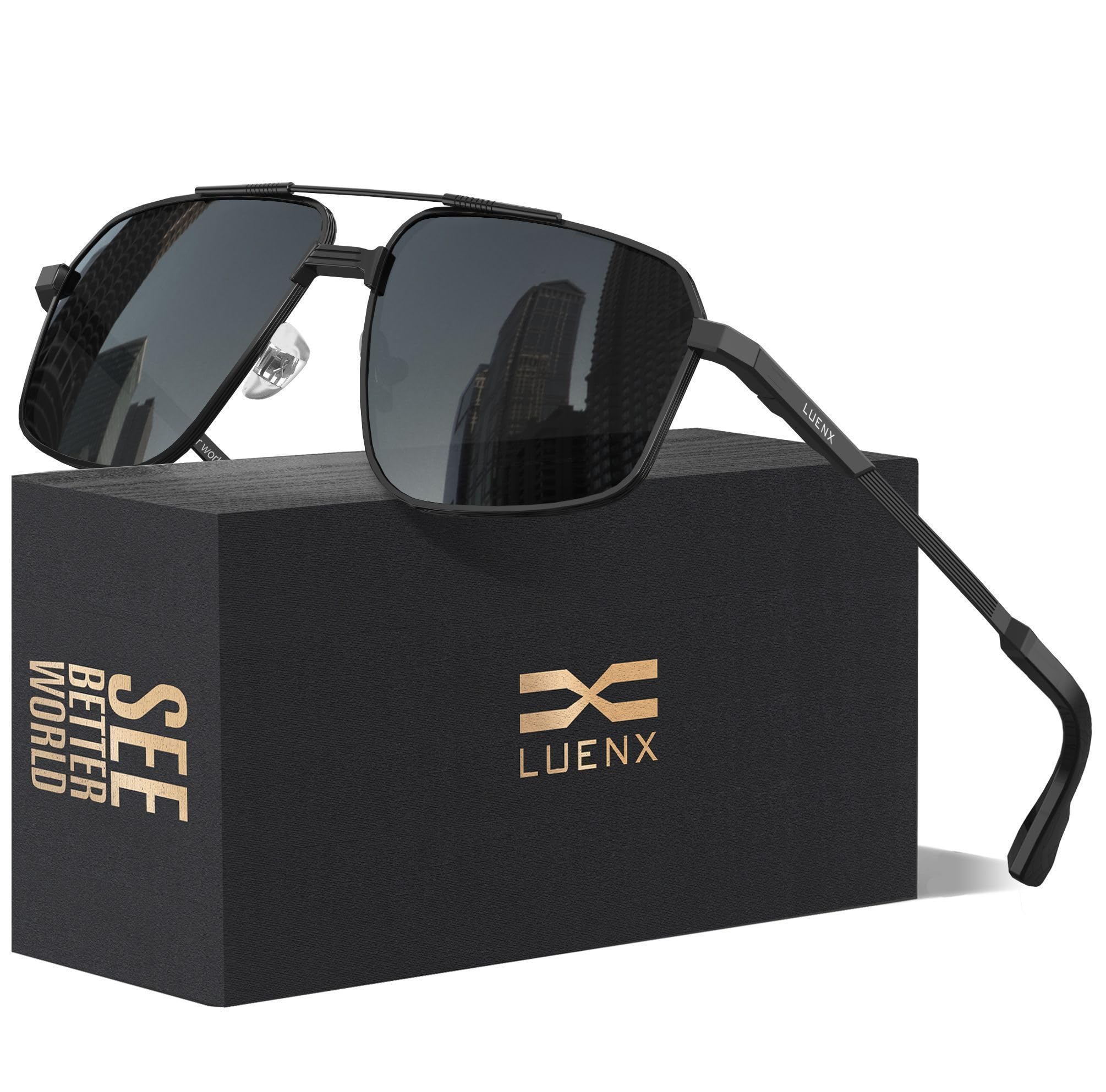 LUENX Aviator Sunglasses for Men Square Polarized Polygon Lens - UV 400 Protection with Accessories