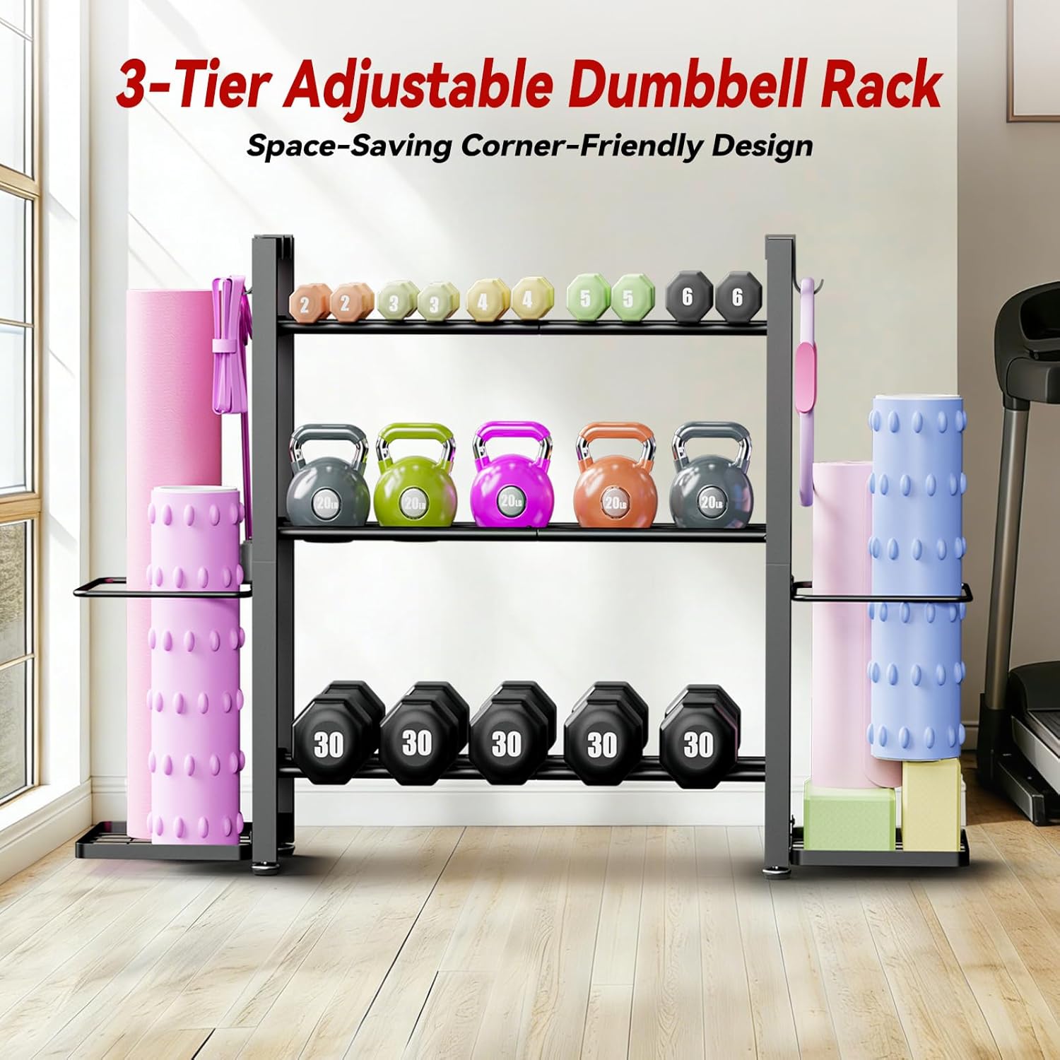 3-Tier Small Adjustable Dumbbell Rack, 450LBS Capacity Home Gym Weight Rack with Yoga Mat Holder & Hooks, Space Saving Workout Equipment Storage Organizer, Tool-free Assembly