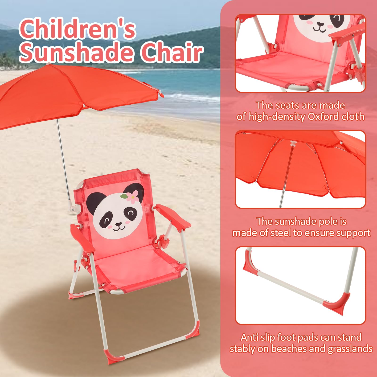Sedia pieghevole per bambini, con ombrello, simpatico, animale, pieghevole, parasol, per bambini, da campeggio, con ombrellone, leggera, per parco, giardino, viaggi, esterni, patio (rosa)