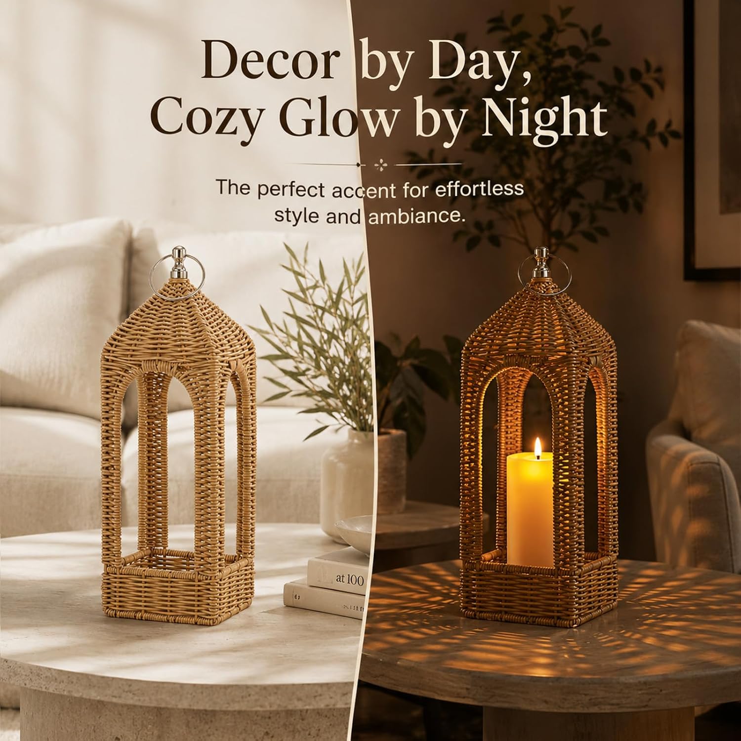 14.5 Inch Natural Rattan Decorative Lantern with LED Flameless Candle